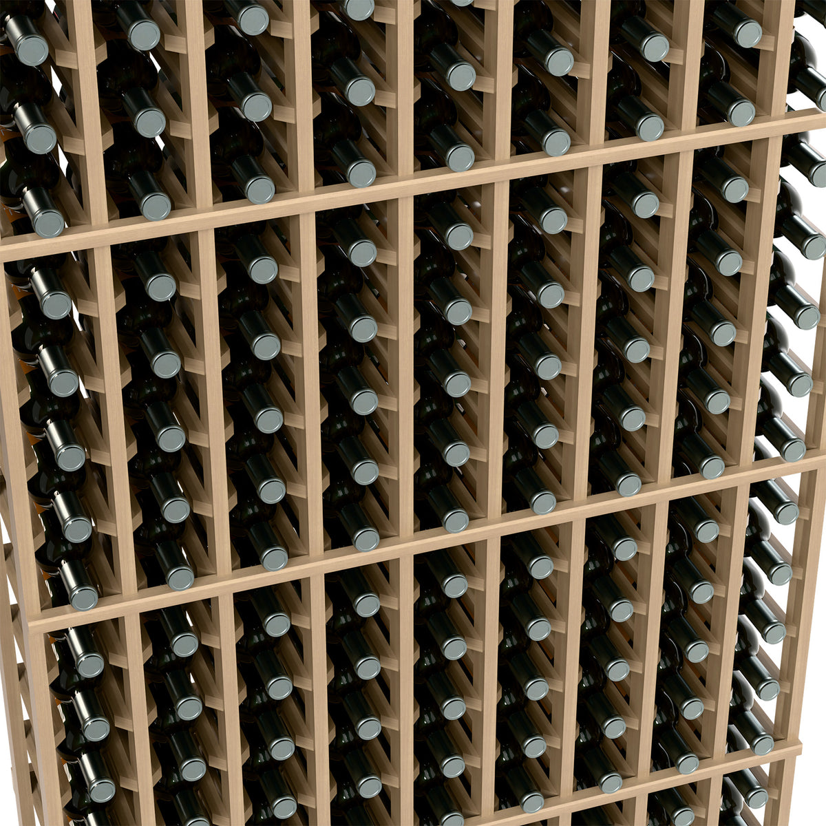 Wine bottle rack detail, light wood dividers holding bottles