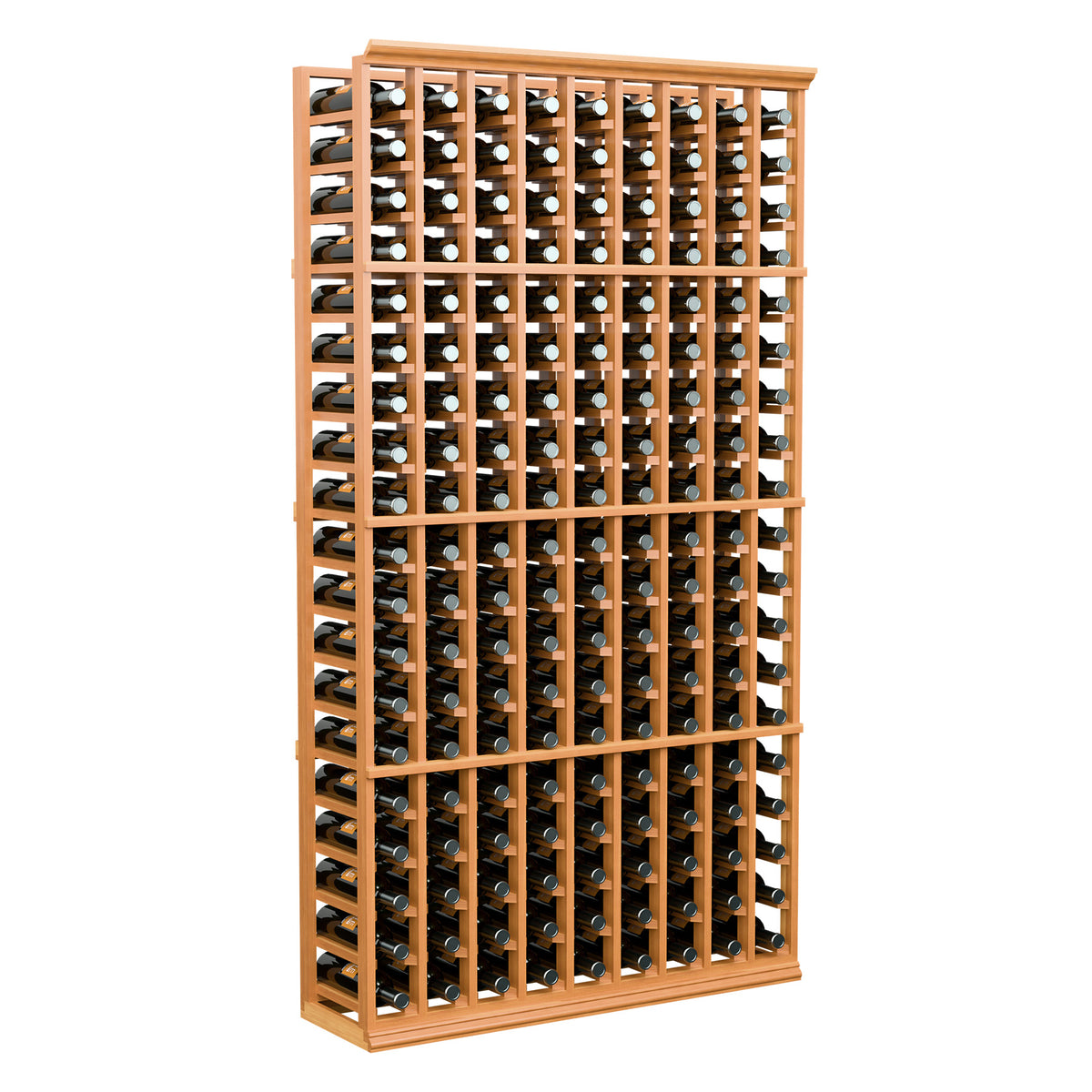 9-column wine bottle rack with bottles, medium-brown wood frame