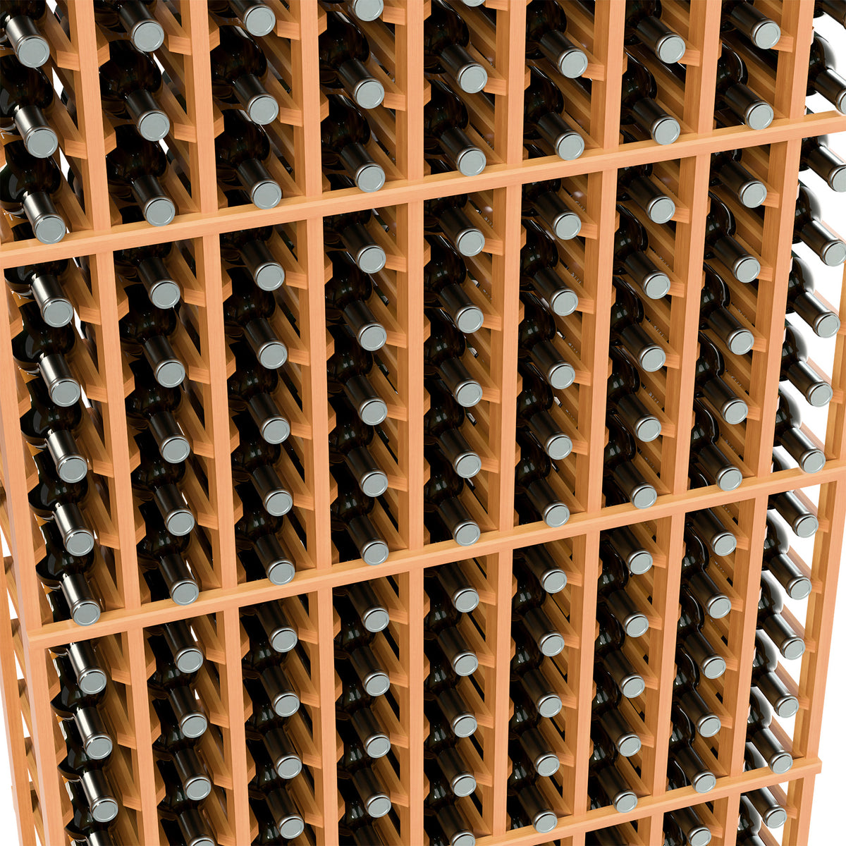 Wine bottle rack detail, warm wood dividers holding bottles