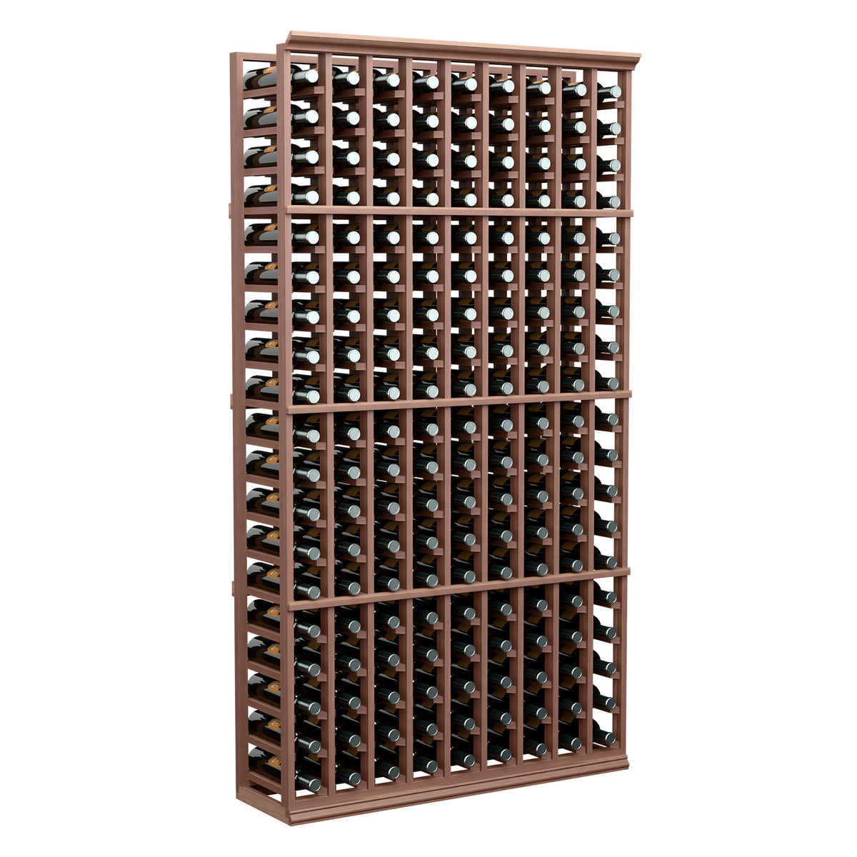 9-column wine bottle rack with bottles, dark wood frame