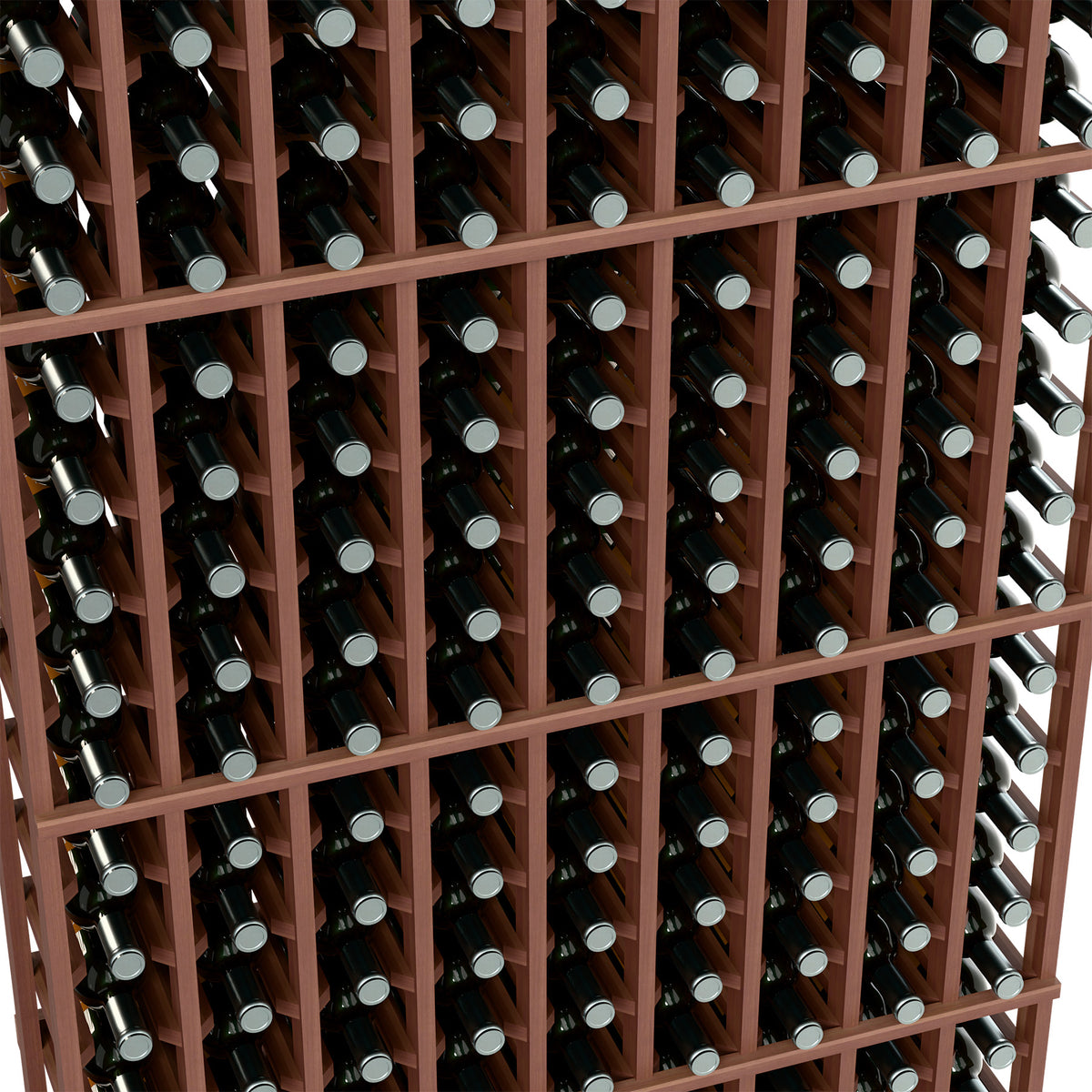 Wine bottle rack close-up, reddish wood frame holding bottles