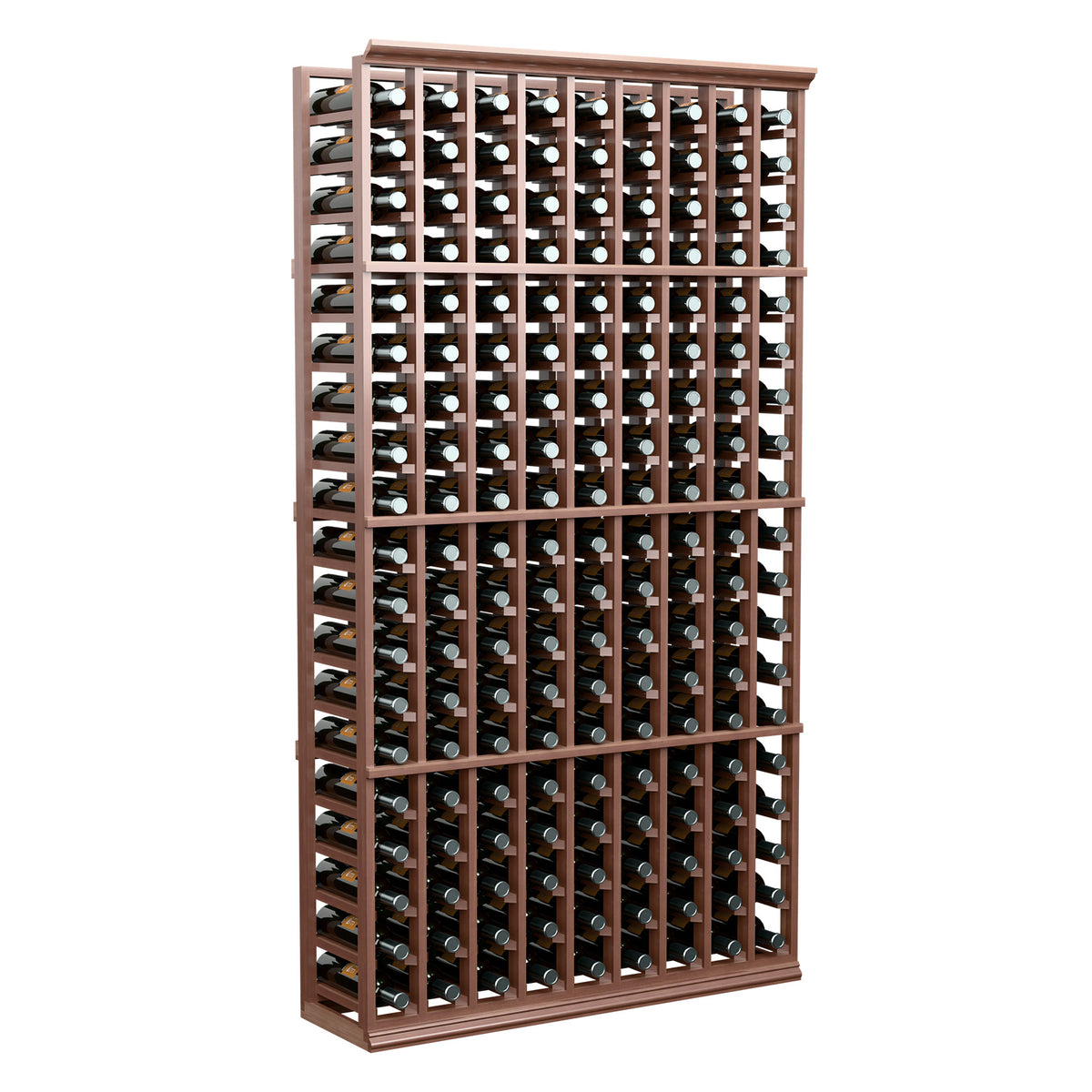 9-column wine bottle rack with dark wood frame and multiple bottle slots