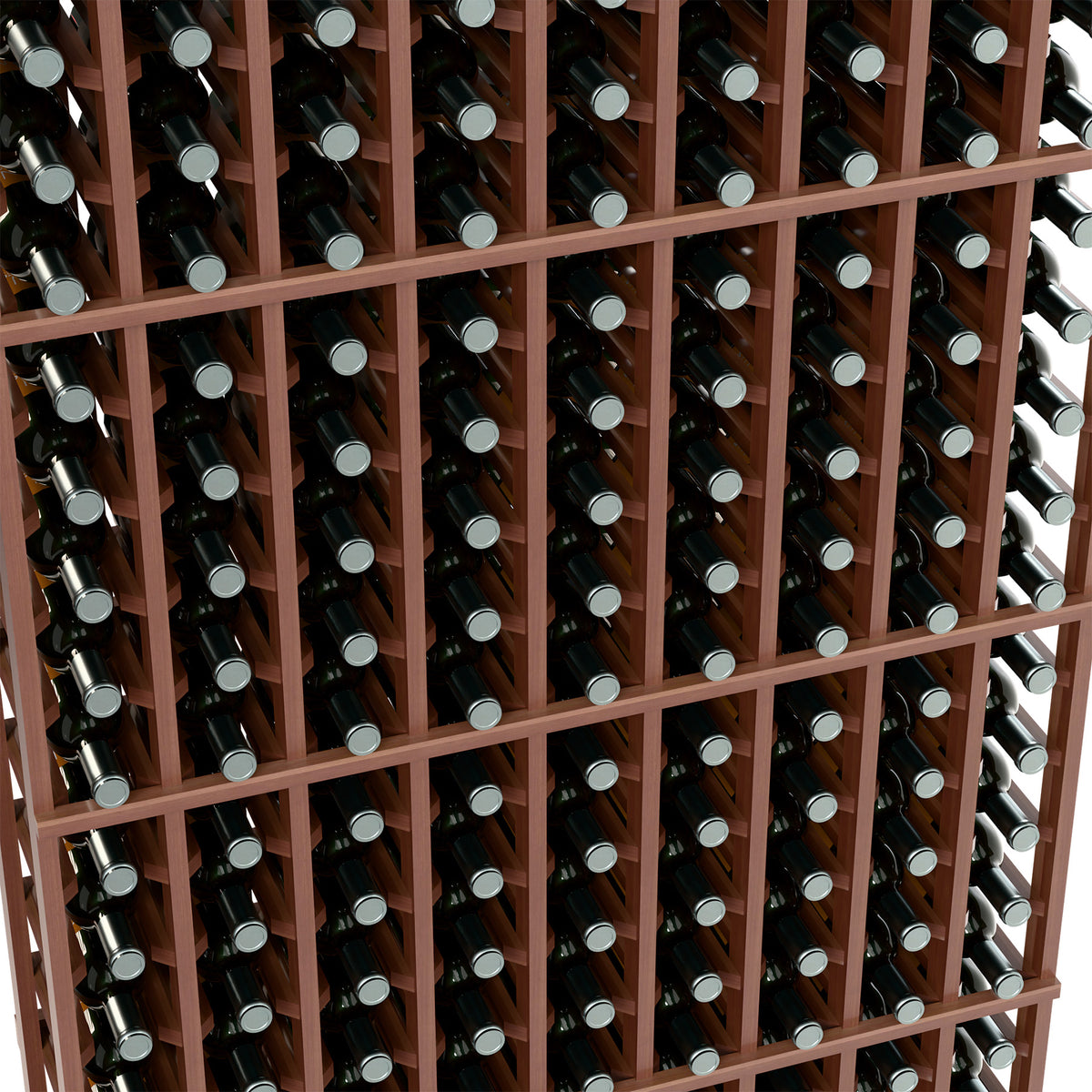 Close-up of wine bottle rack grid with dark wood dividers and bottle slots