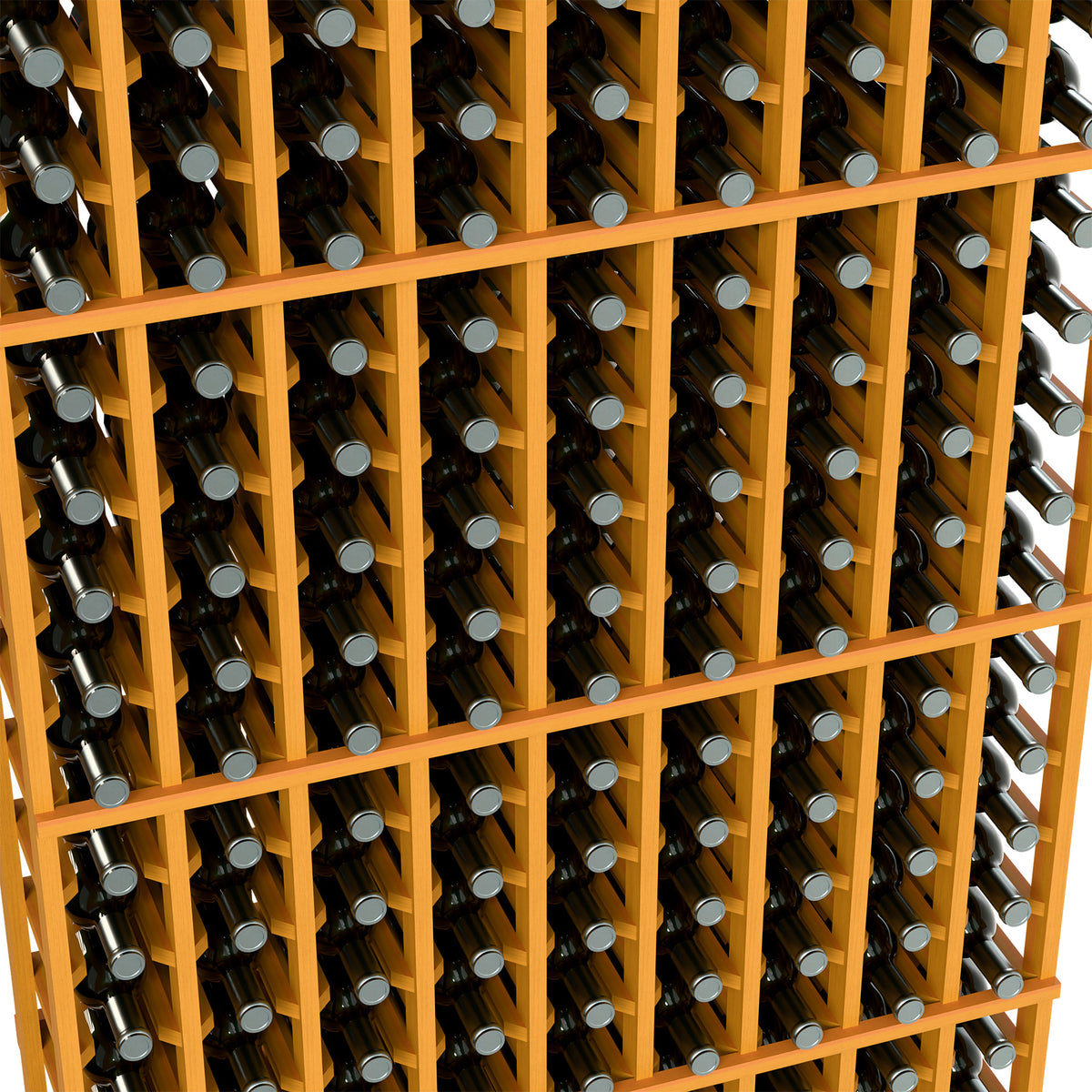 Close-up of wine bottle rack grid with honey wood dividers and bottle slots