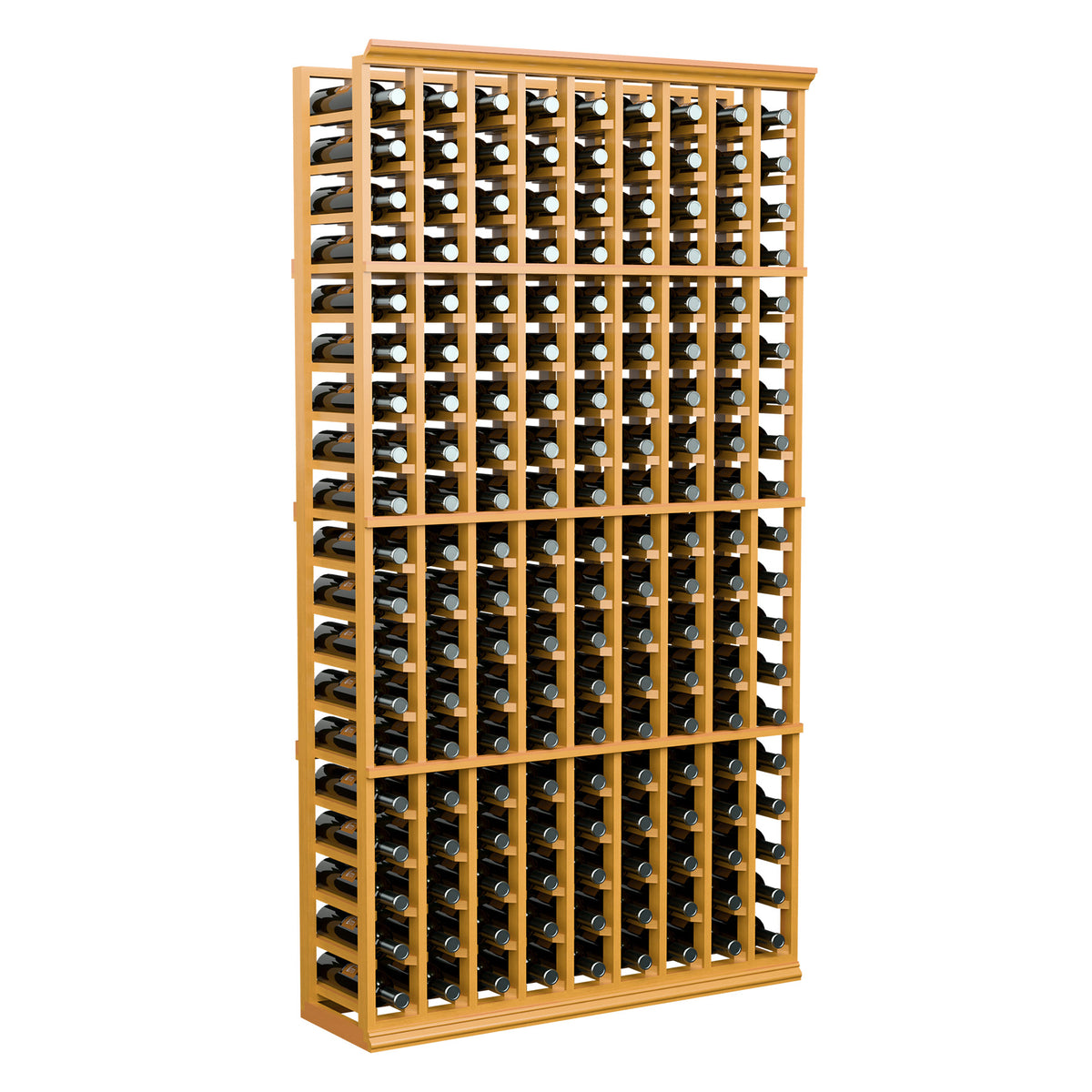 9-column wine bottle rack with warm light wood frame and bottle slots