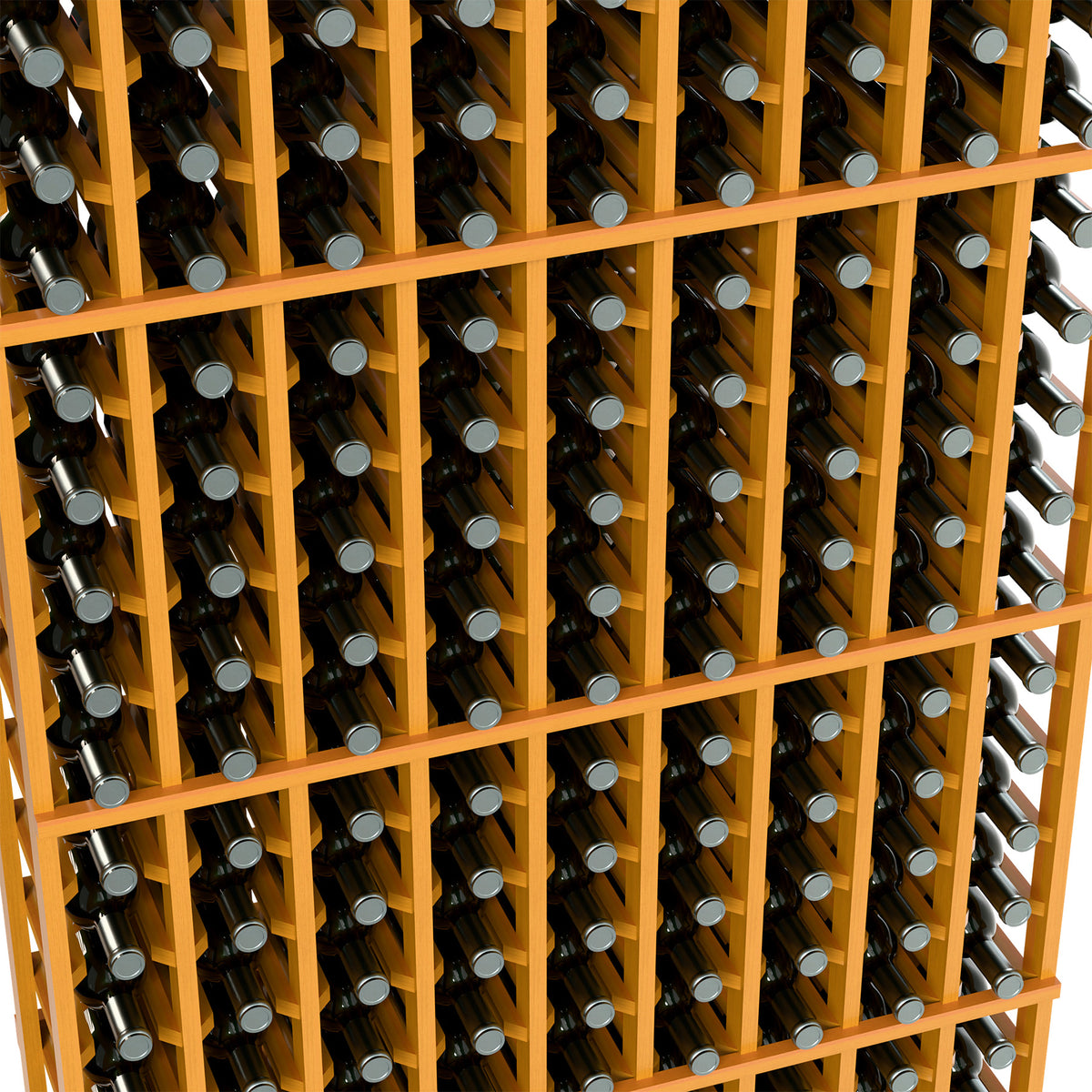 Close-up of wine bottle rack grid with honey wood dividers and bottle slots