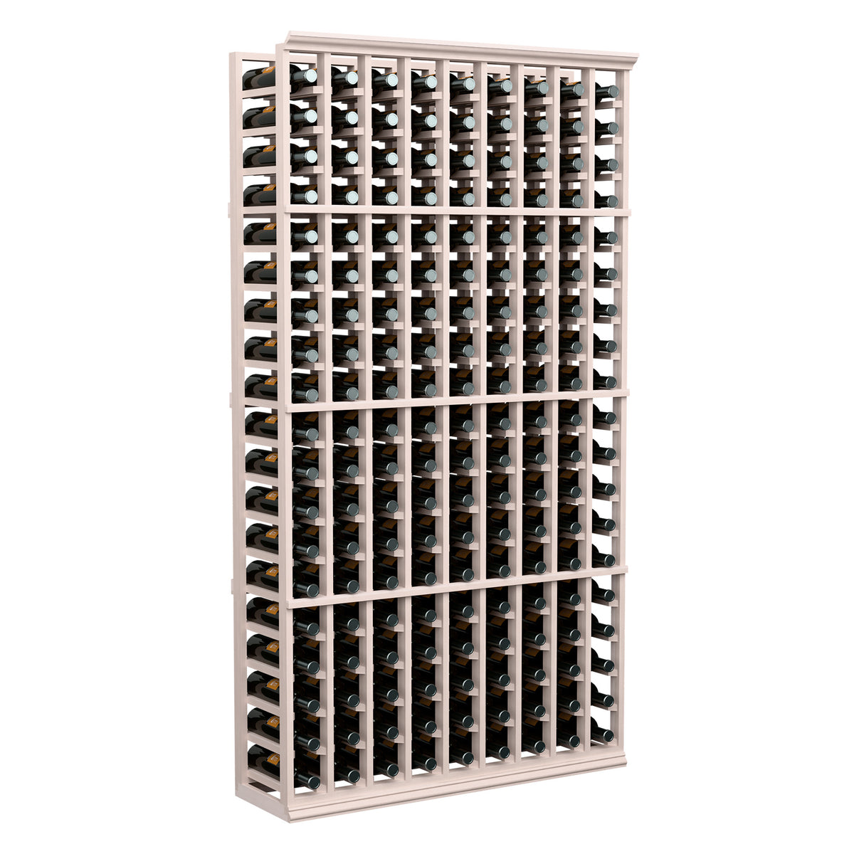 9-column wine bottle rack with gray wood frame and bottle storage slots