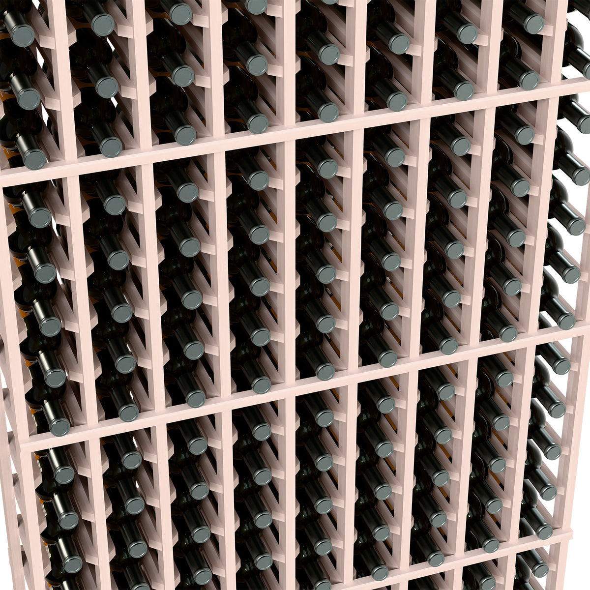 Close-up of wine bottle rack grid with whitewashed wood dividers and bottle slots