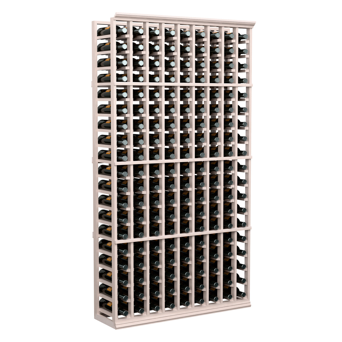 9-column wine bottle rack with light gray wood frame and organized bottle slots