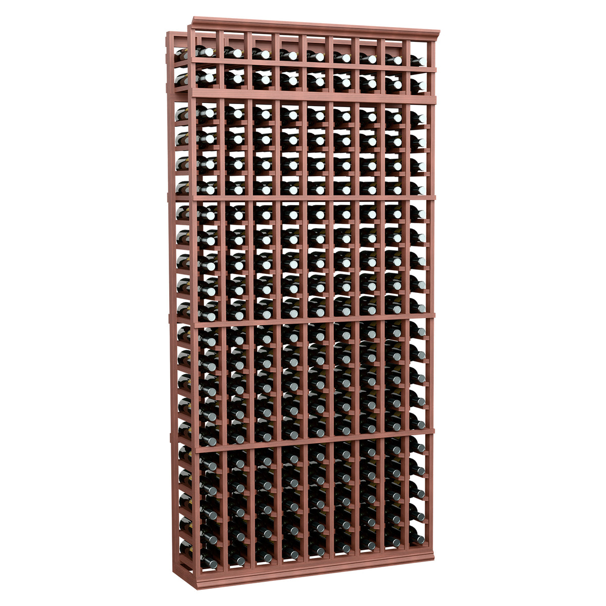 7-ft wine bottle rack with warm reddish-brown frame and bottle slot grid