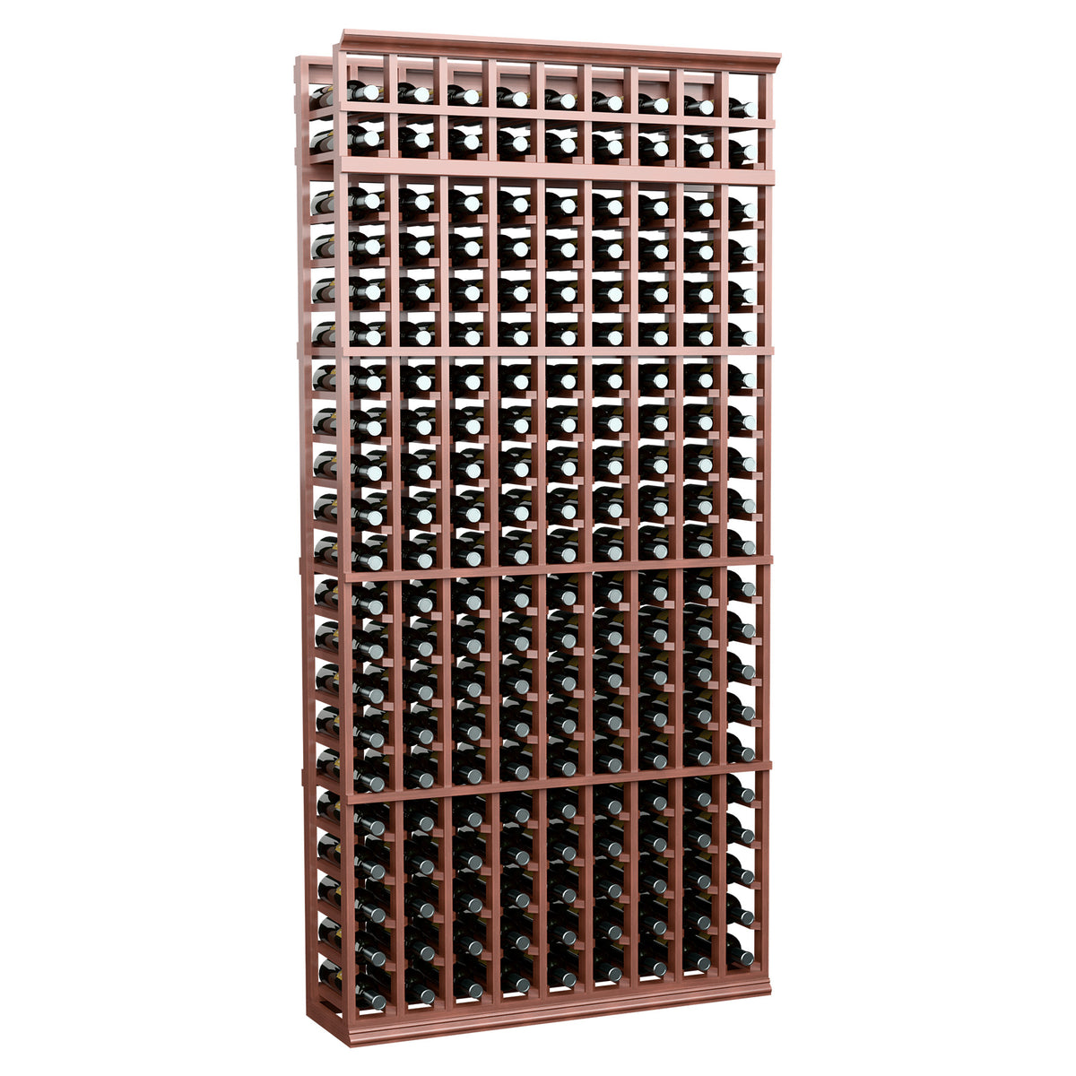 7-ft wine bottle rack with reddish-brown wooden frame and rows of bottle openings