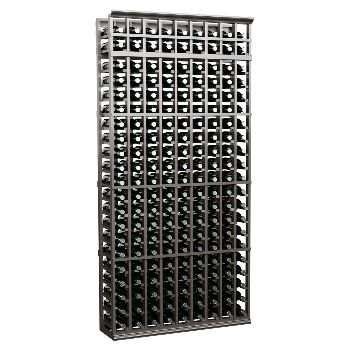 7ft 9-column wine bottle rack with dark frame and bottle slots
