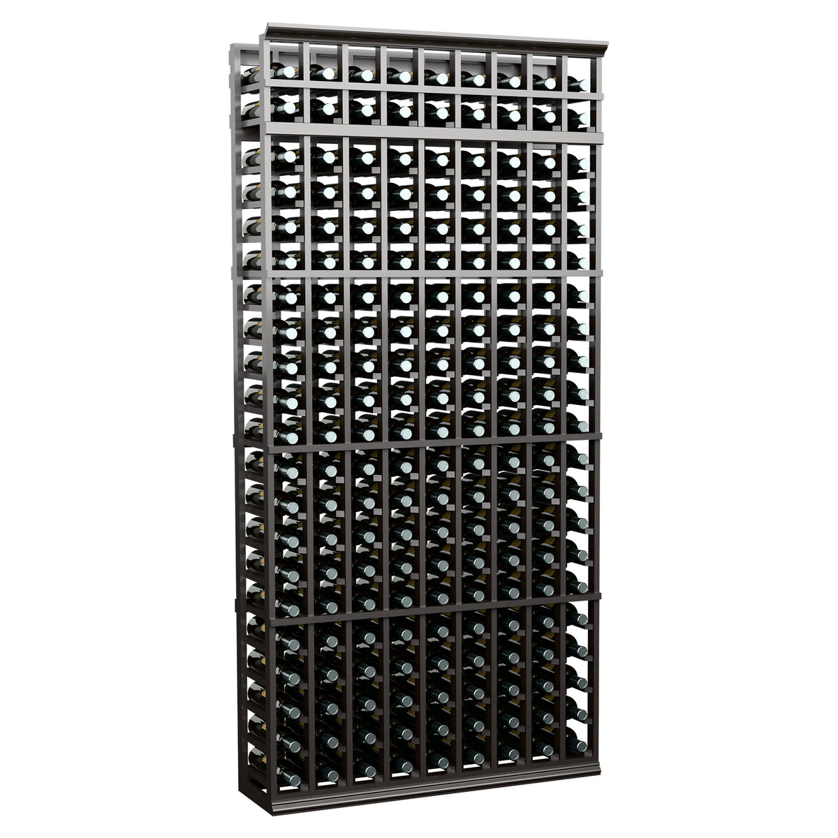 7ft 9-column wine bottle rack with dark metal grid and bottle slots