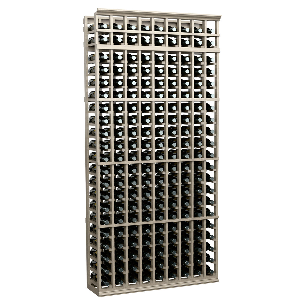 Gray 9-column 7ft wine rack with multiple bottle openings across the front