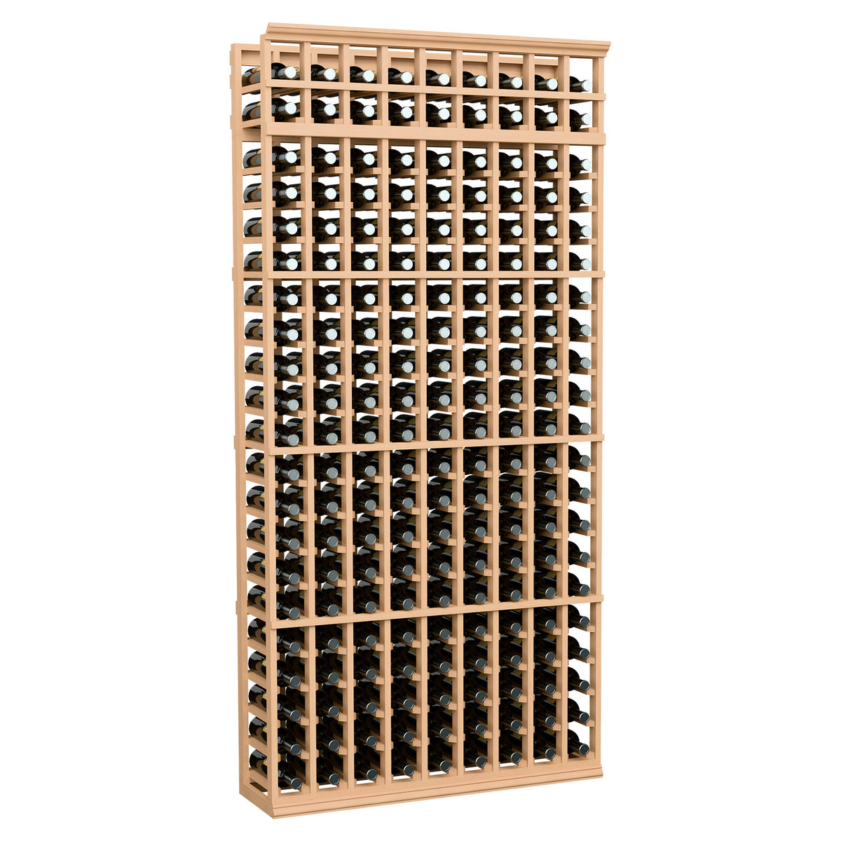 Light wood 9-column 7ft wine bottle storage rack with open front bottle slots