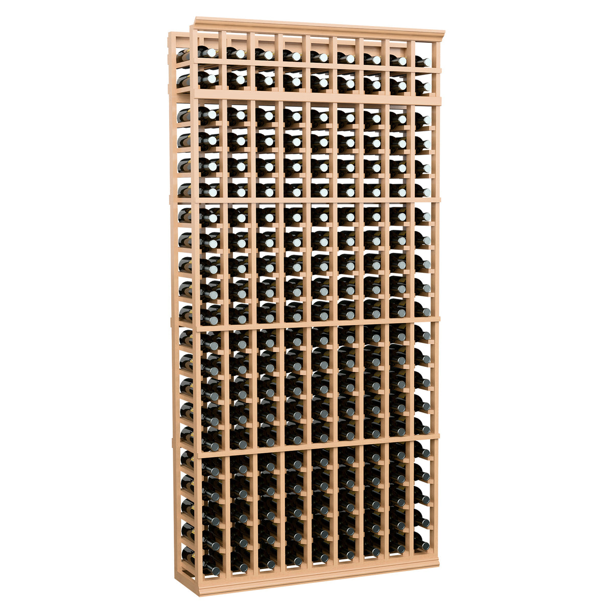 Natural-toned 9-column 7ft wine rack with vertical bottle cubbies at the front