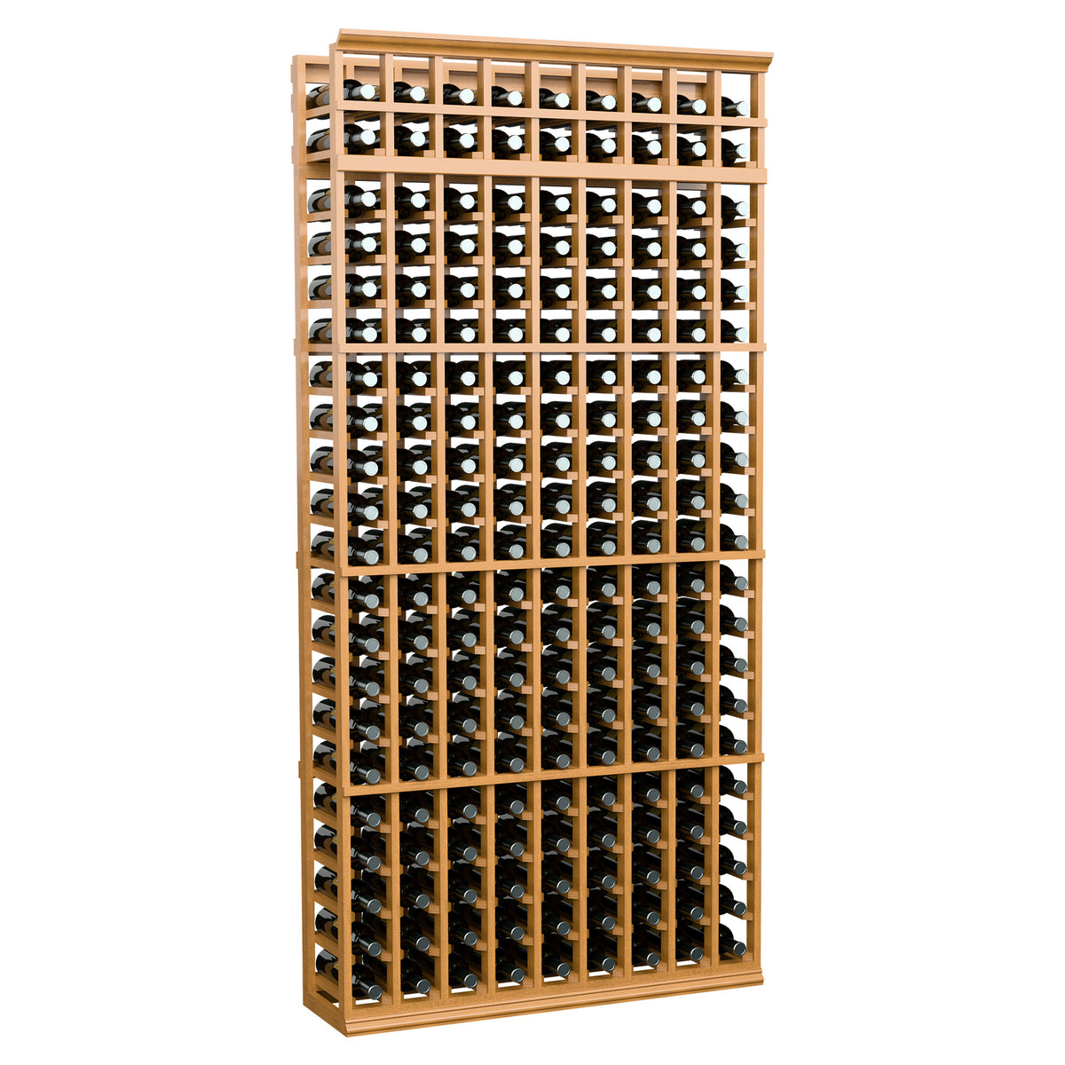 Wheat-toned 9-column 7ft wine rack with vertical rows of bottle openings