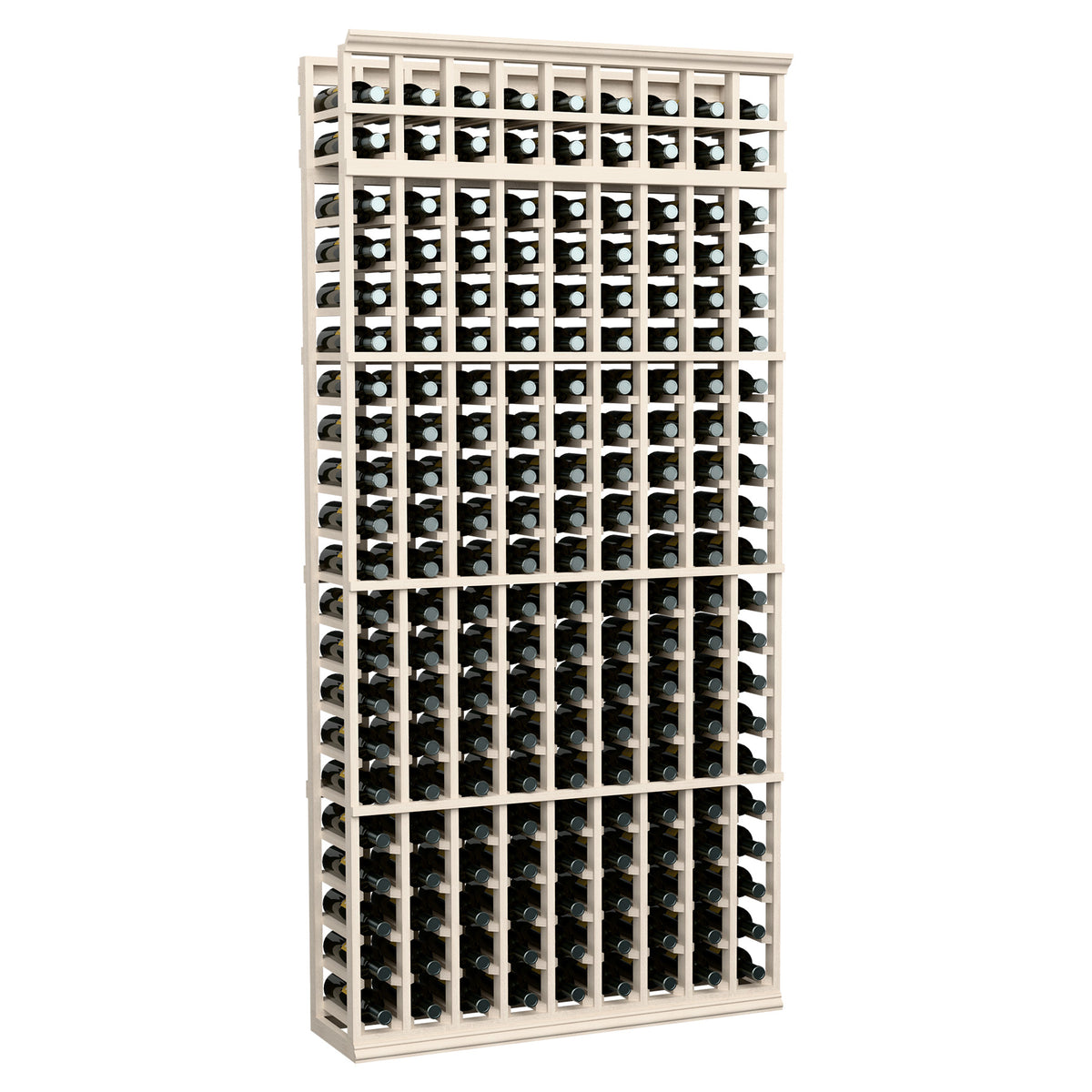 White-finished 9-column 7ft wine bottle storage rack with front-facing bottle slots