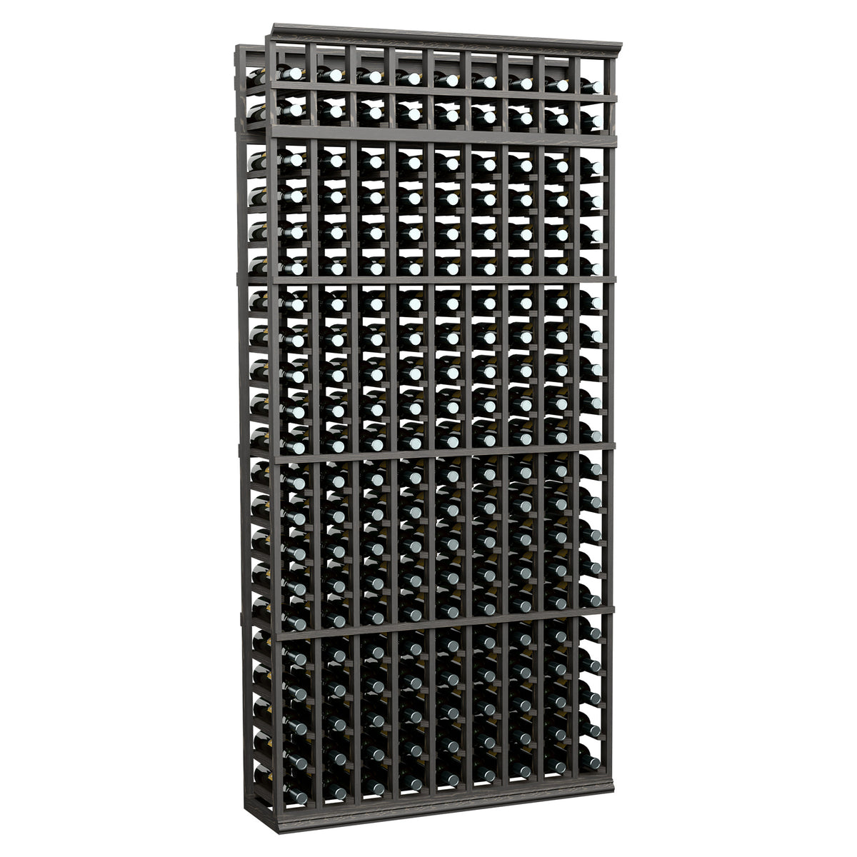 9-column wine bottle rack with dark metal frame and front bottle storage slots