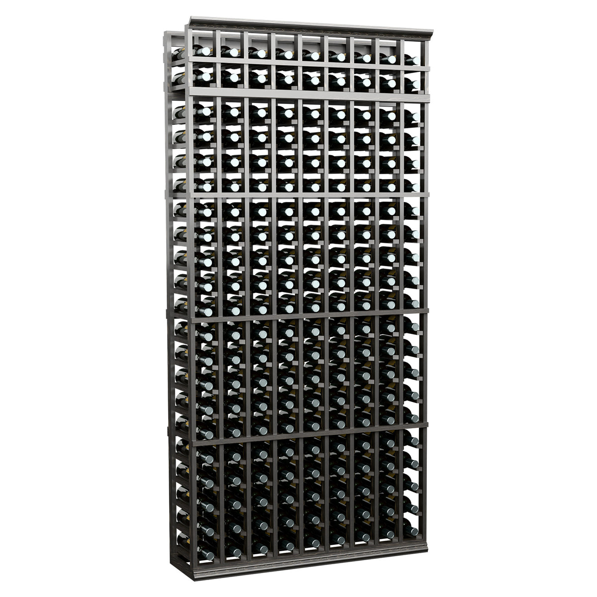 9-column wine bottle rack with dark metal frame and front bottle storage slots