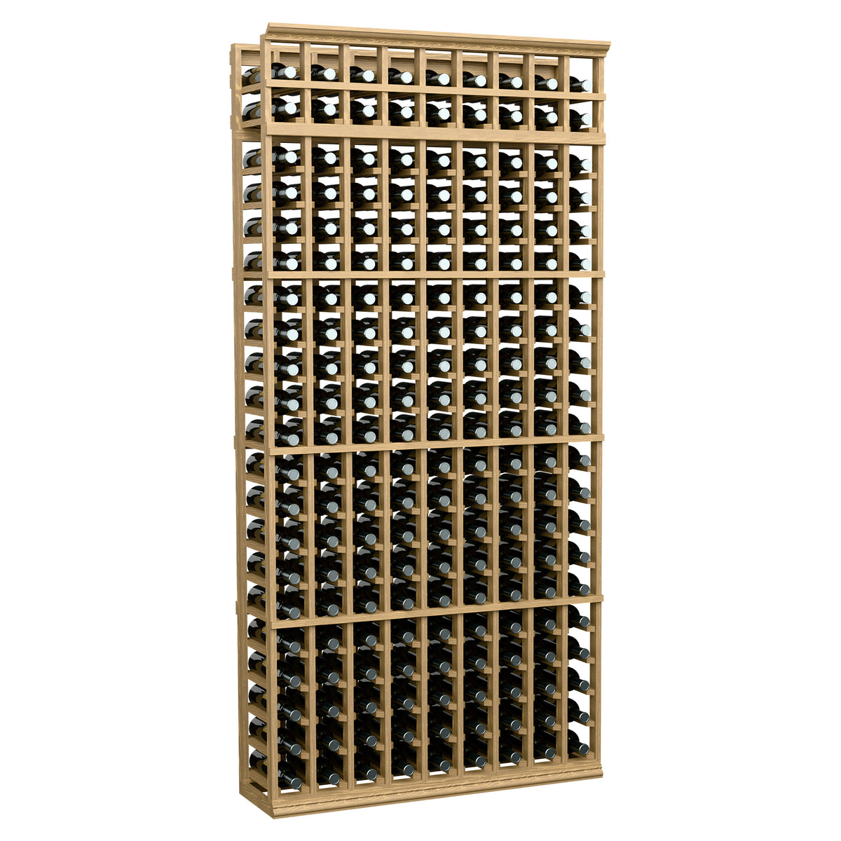 9-column wine bottle rack with pale wood frame and front bottle storage slots