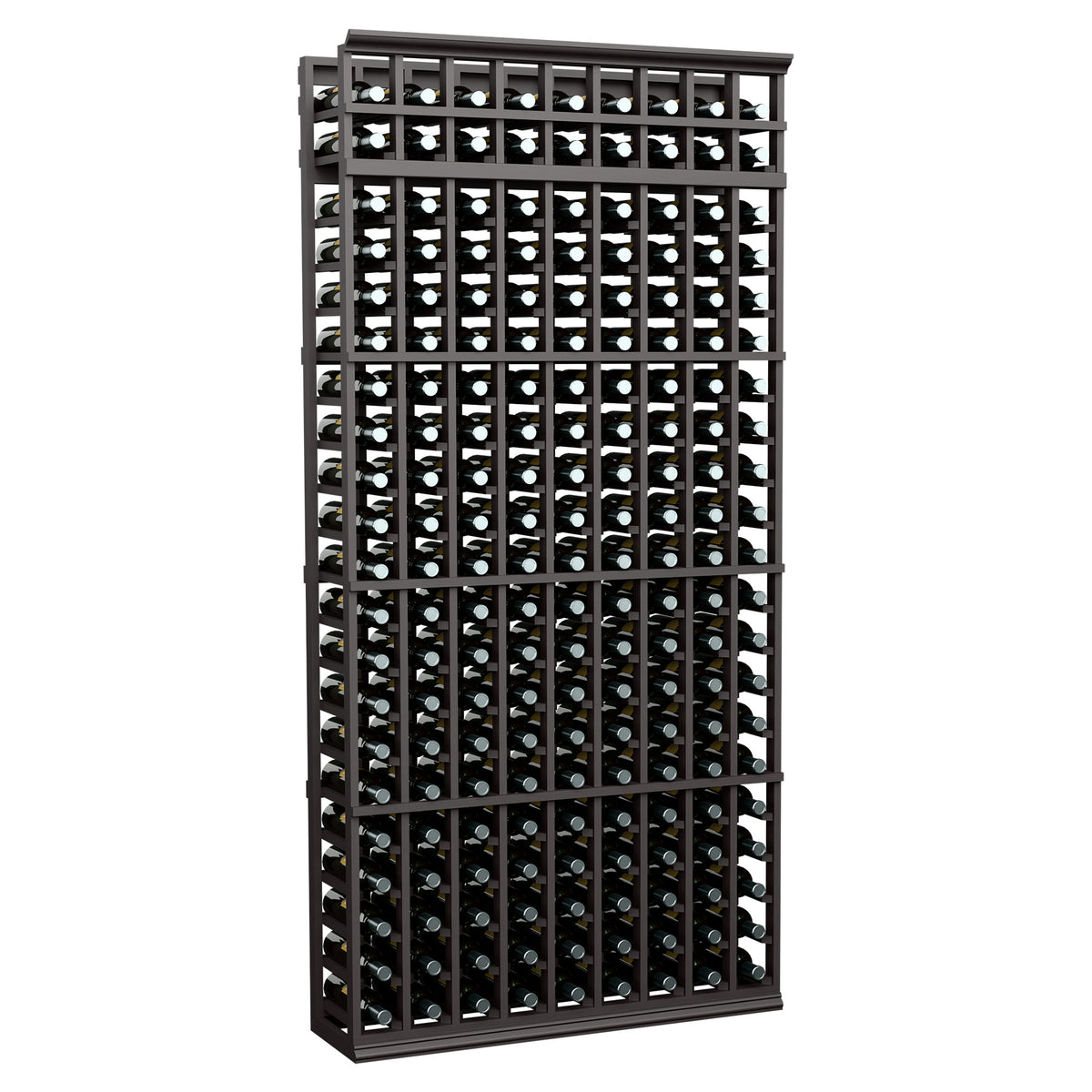 9-column wine bottle rack with dark metal frame and front bottle storage slots
