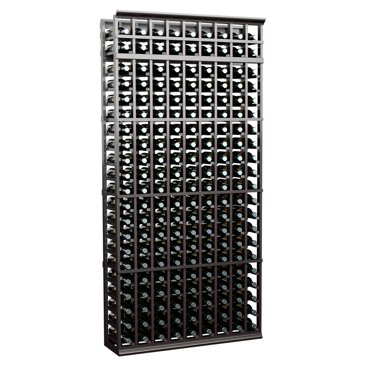 9-column wine bottle rack with dark metal frame and front bottle storage slots