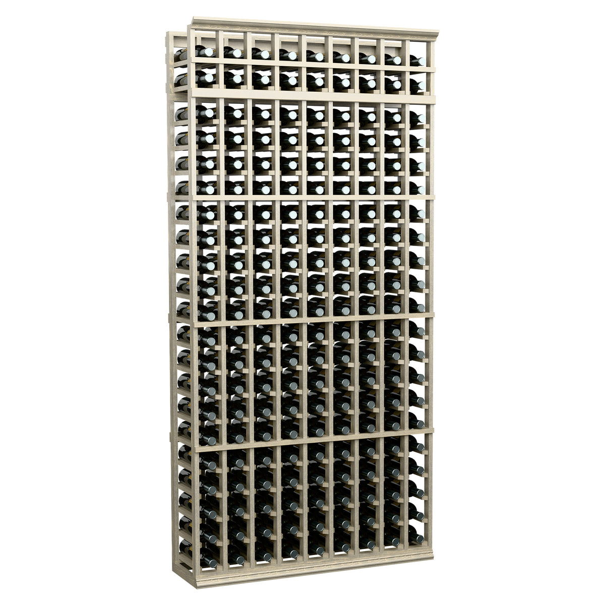 Wine bottle storage rack with 9 columns, whitewashed wood frame, bottle holders
