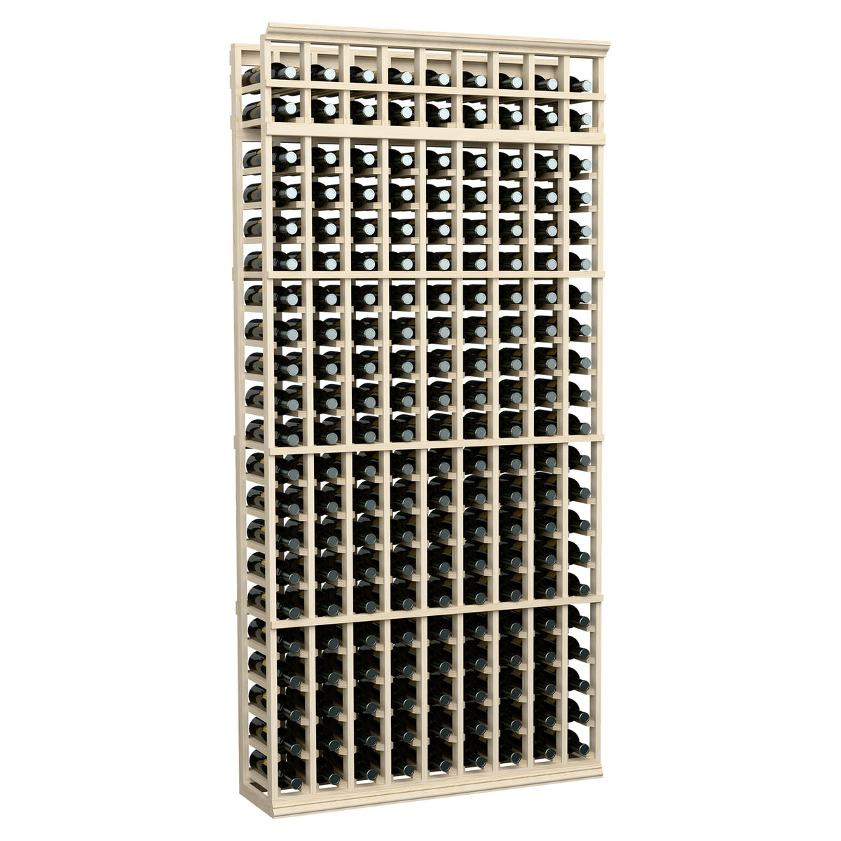9-column wine rack with white wood frame and evenly spaced bottle slots