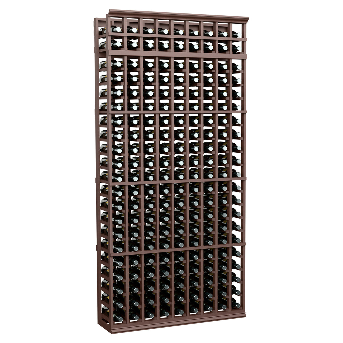 Wine bottle rack with 9 columns, dark brown frame, front grid of bottle slots