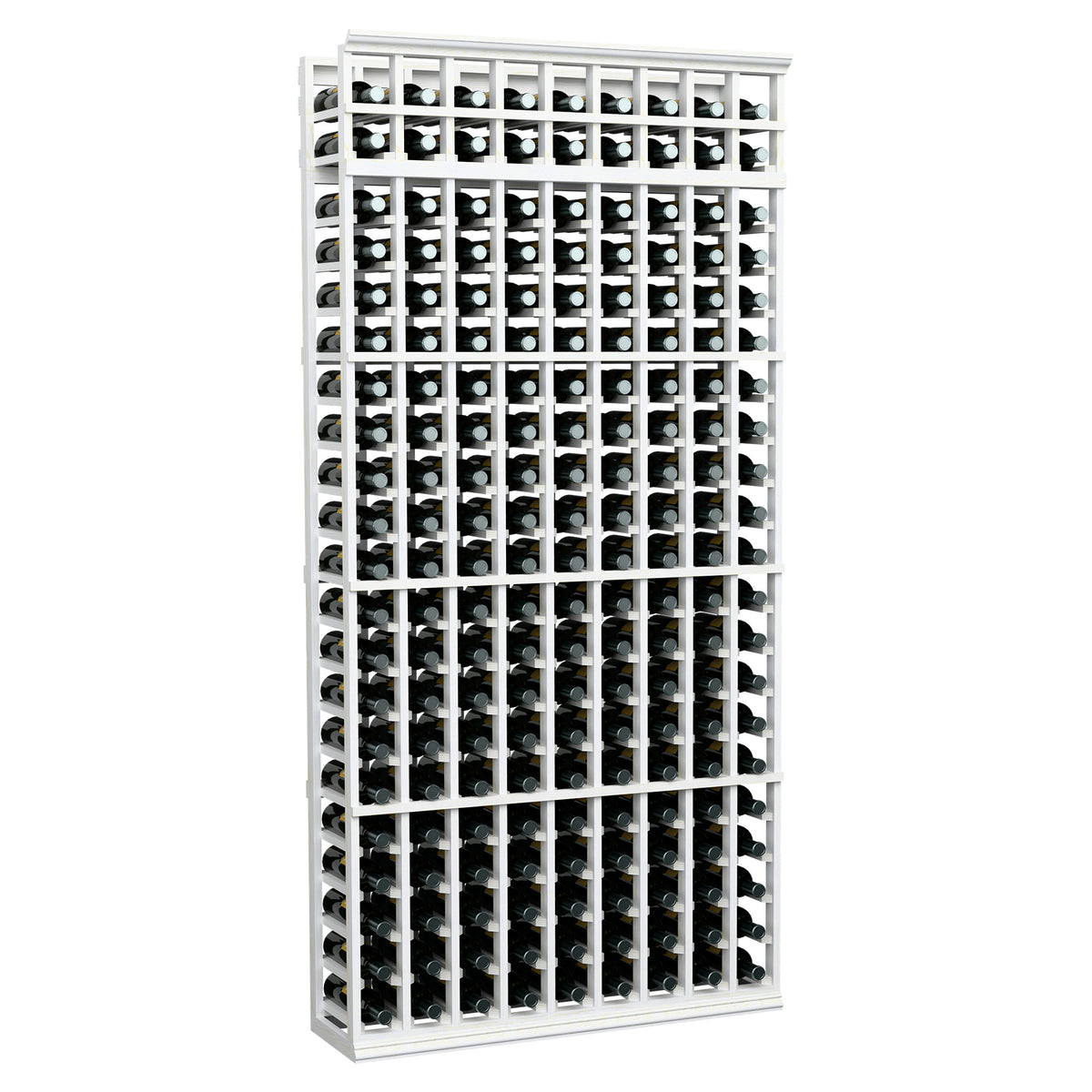 Wine bottle storage rack with 9 columns, white frame, front grid of bottle holders