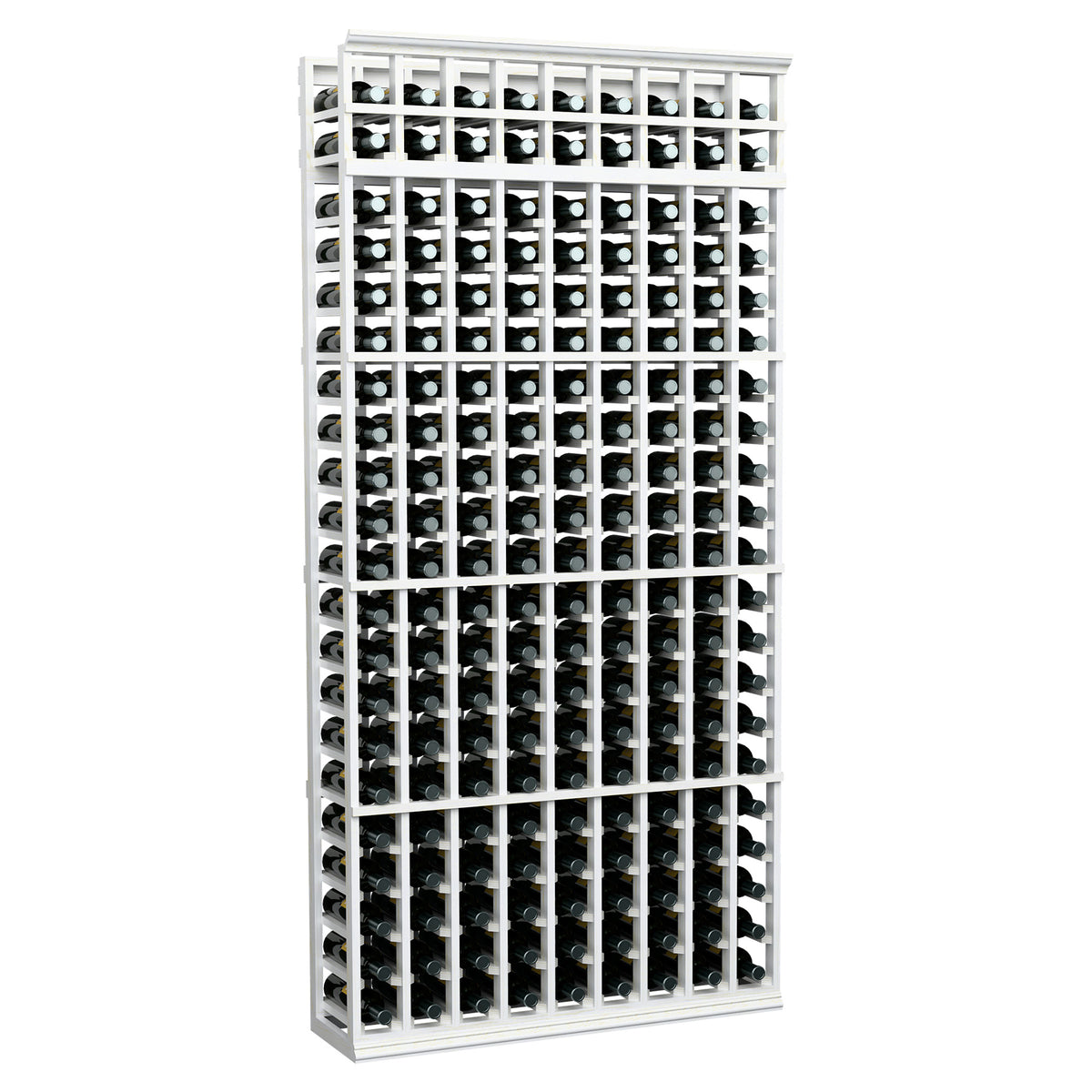 9-column wine rack with white wood frame and evenly spaced bottle slots
