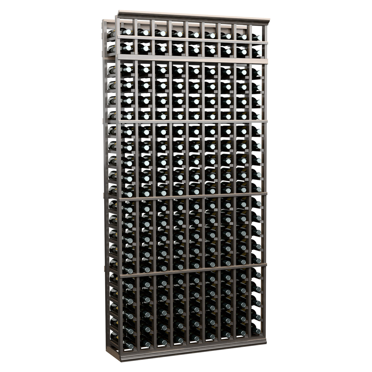 Dark gray metal wine bottle rack with 9 columns and open bottle slots, tall 7 ft