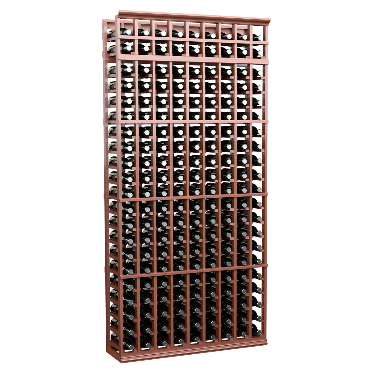 Warm brown wood wine bottle rack with 9 columns and open bottle slots, tall 7 ft