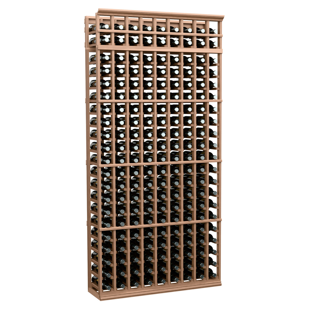Light tan wood wine bottle rack with 9 columns and open bottle slots, tall 7 ft