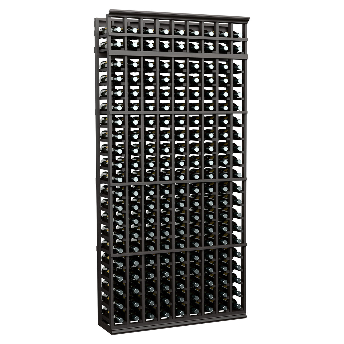 Black wine bottle rack with 9 columns and open bottle slots, tall 7 ft storage