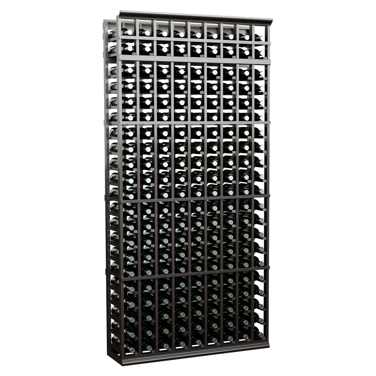 Dark gray wine bottle rack with 9 columns and open bottle slots, tall 7 ft storage