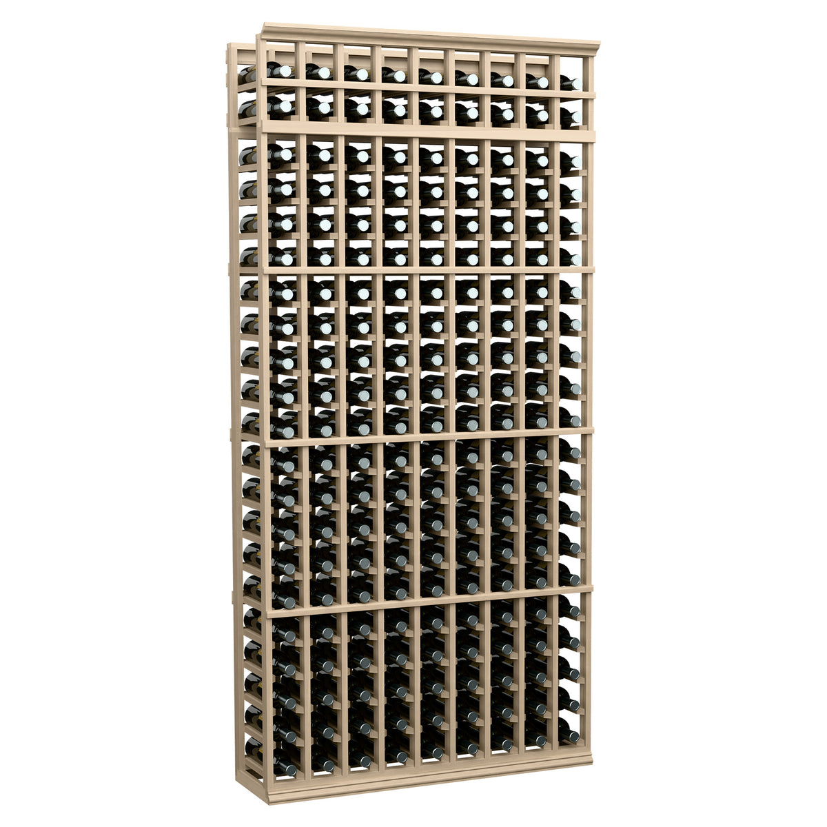 Natural wood wine rack, 7 ft tall, 9 columns of bottle holders