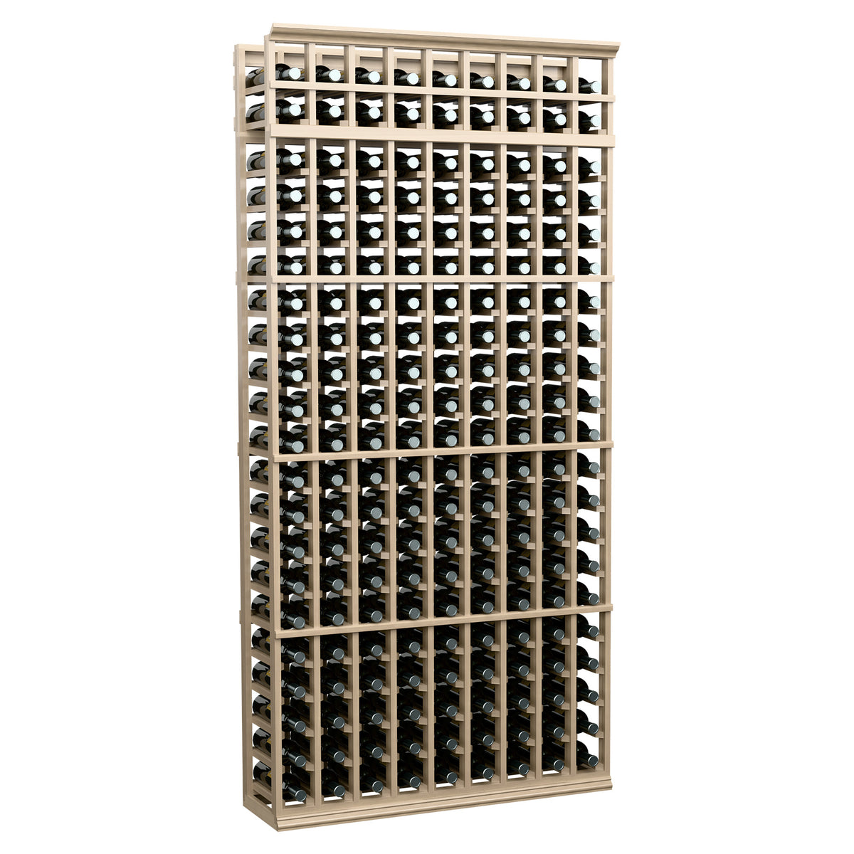 Natural wood wine rack with 9 columns and bottle slots, 7 ft tall