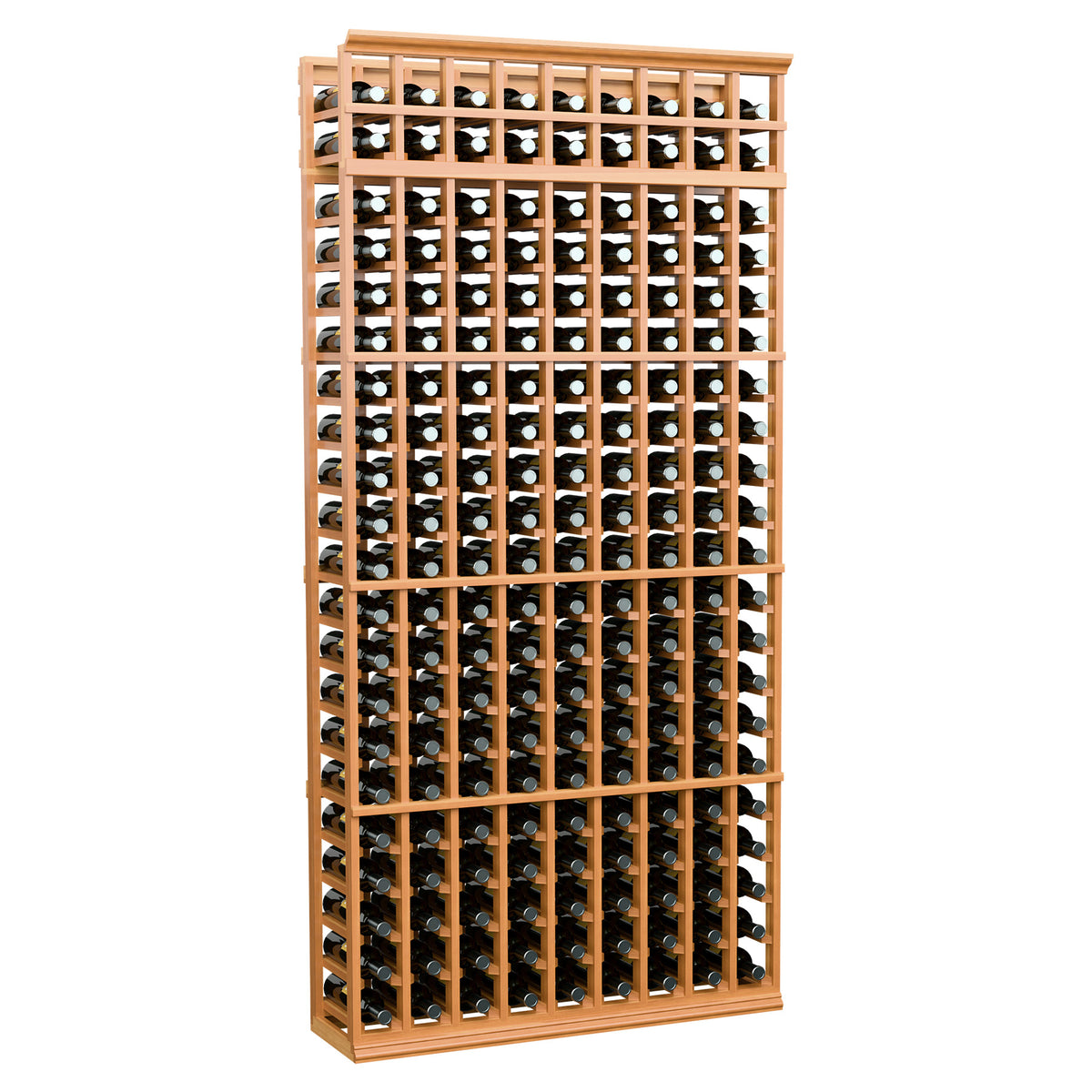 Honey-toned wood wine rack, 7 ft tall, 9 columns of bottle holders