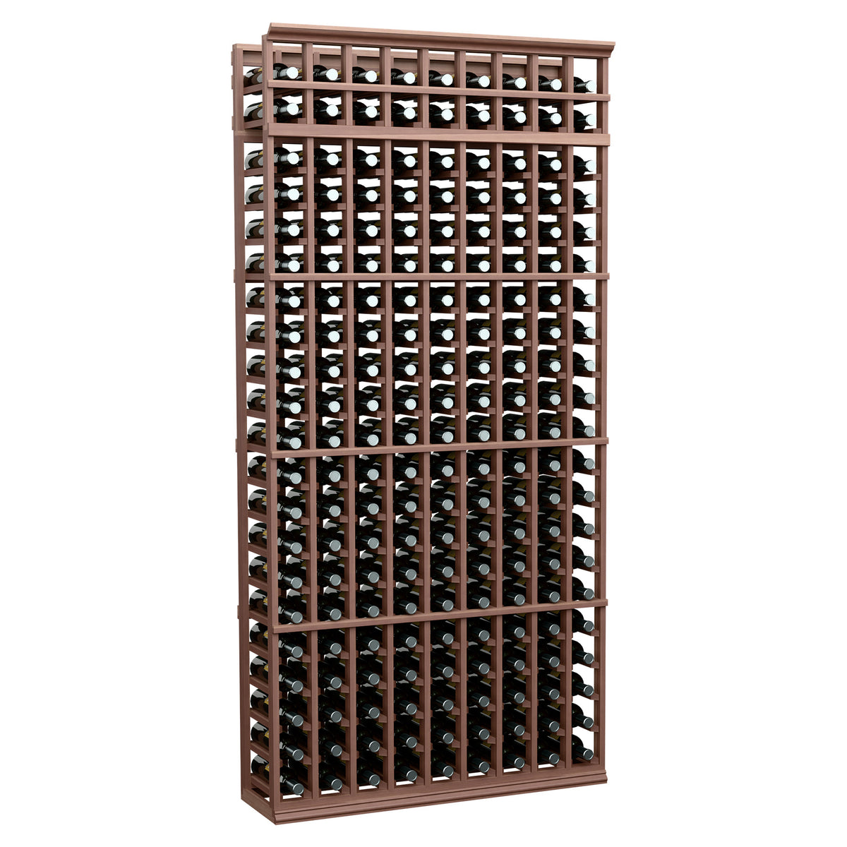 Espresso-toned wood wine rack, 7 ft tall, 9 columns of bottle holders