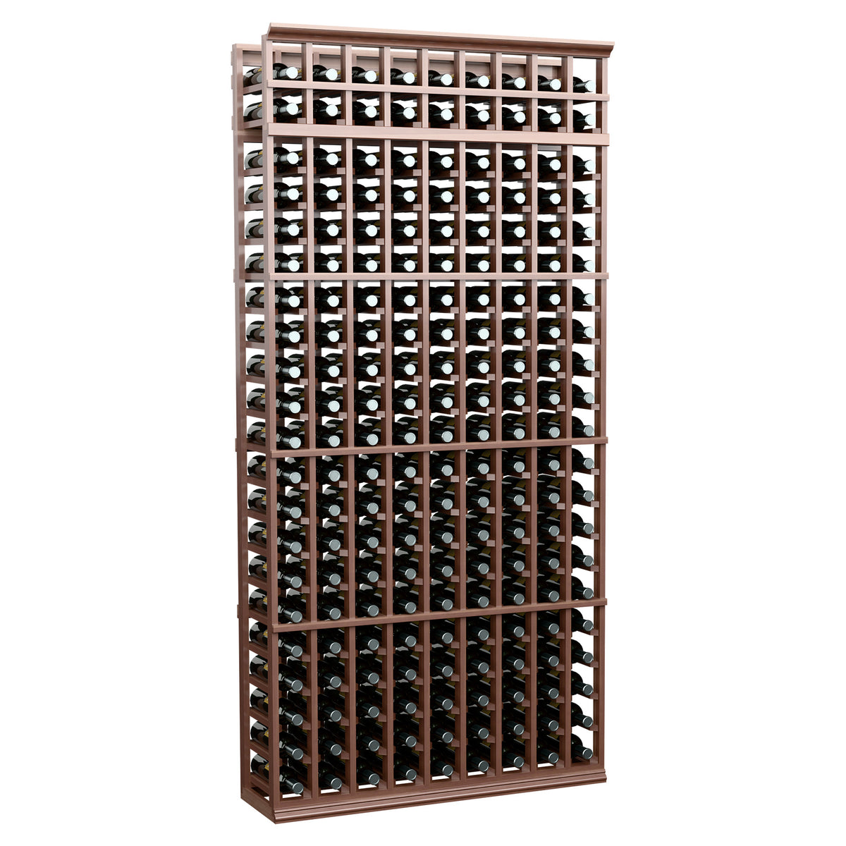 Dark wood wine rack with 9 columns of bottle holders, 7 ft tall