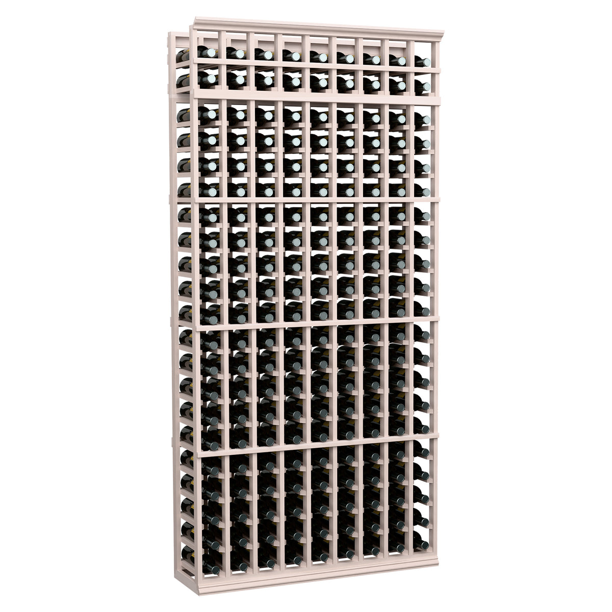 Cool grey-toned wood wine rack, 7 ft tall, 9 columns of bottle holders
