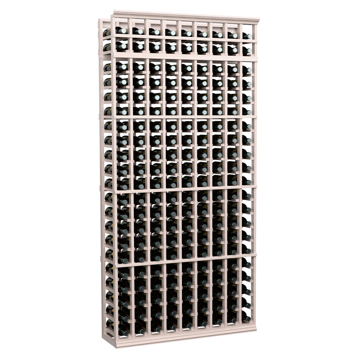 Grey wood wine rack with 9 columns and bottle slots, 7 ft tall