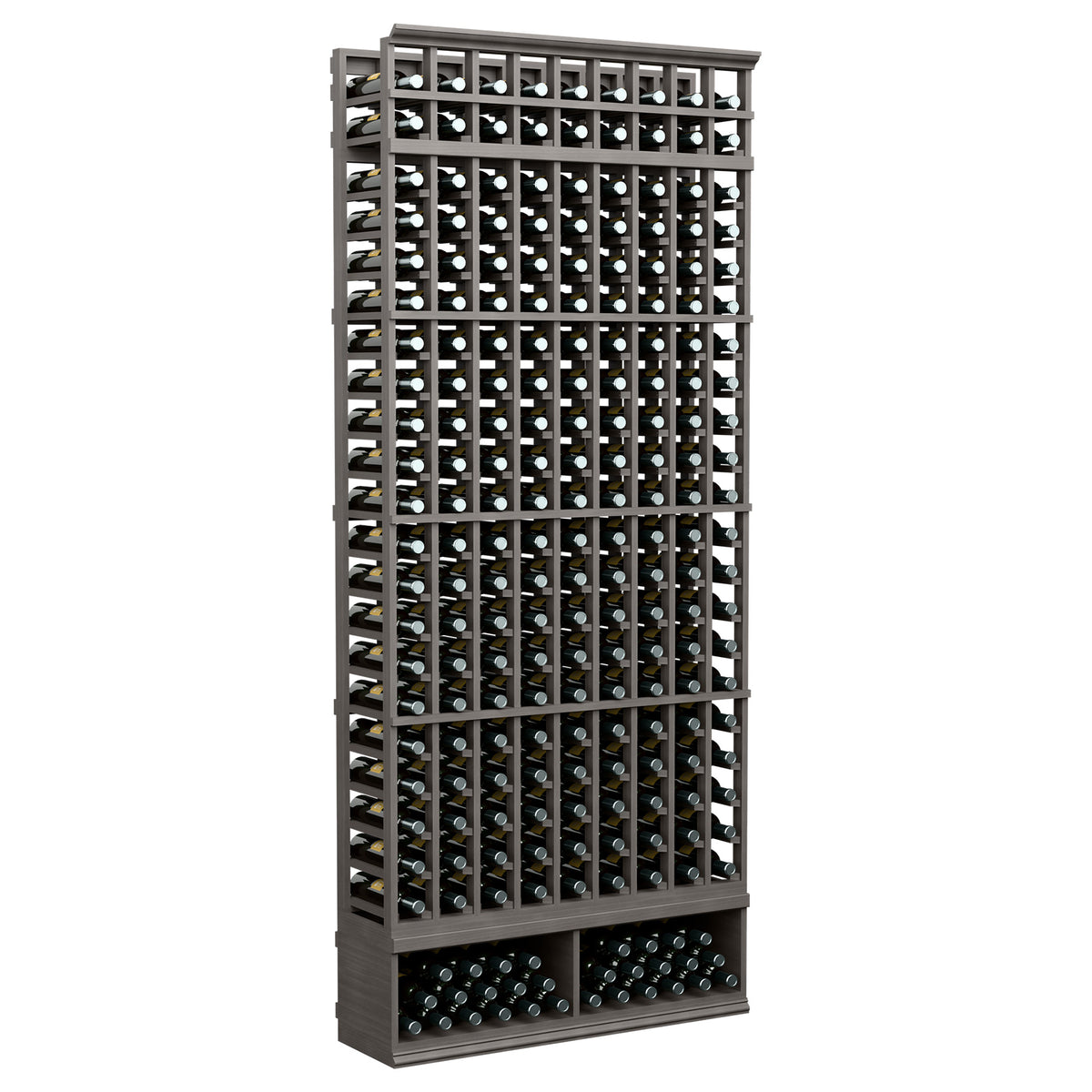 9-column 8 ft wine bottle rack with dark wood frame and metal grid