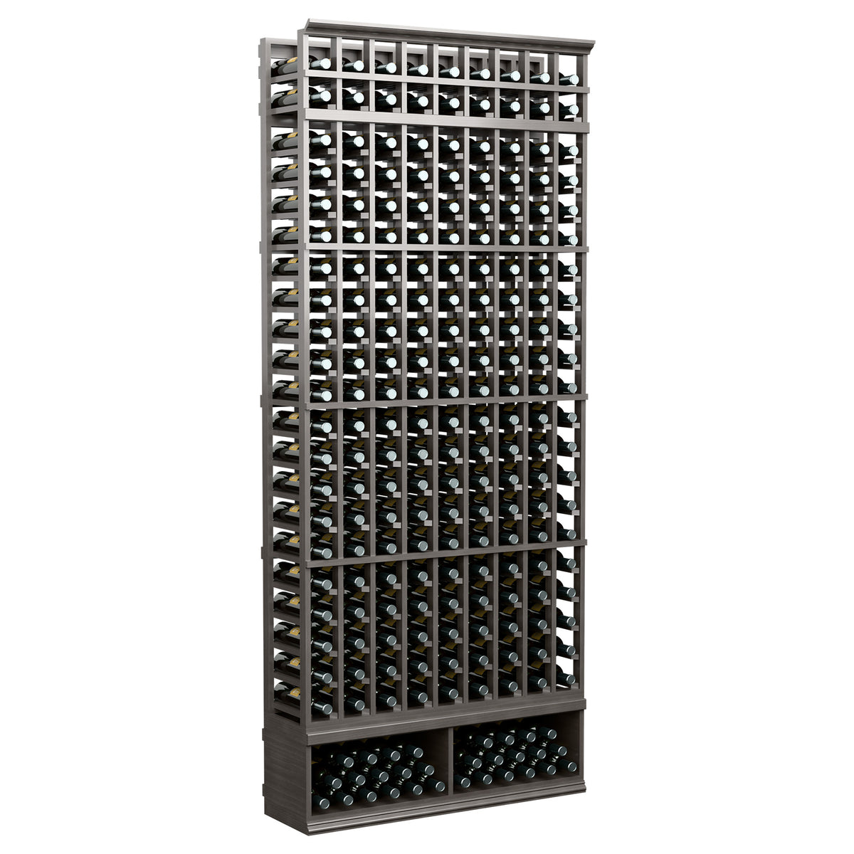 9-column 8 ft wine bottle rack with dark wood frame and bottle storage holes