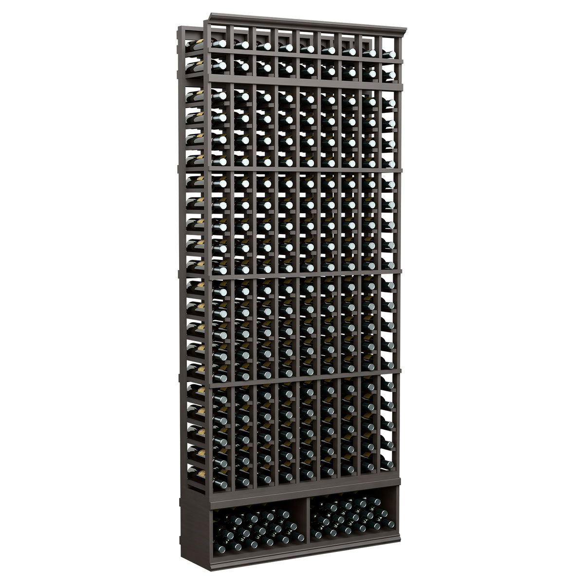 9-column 8 ft wine bottle rack with dark wood frame and metal bottle holders