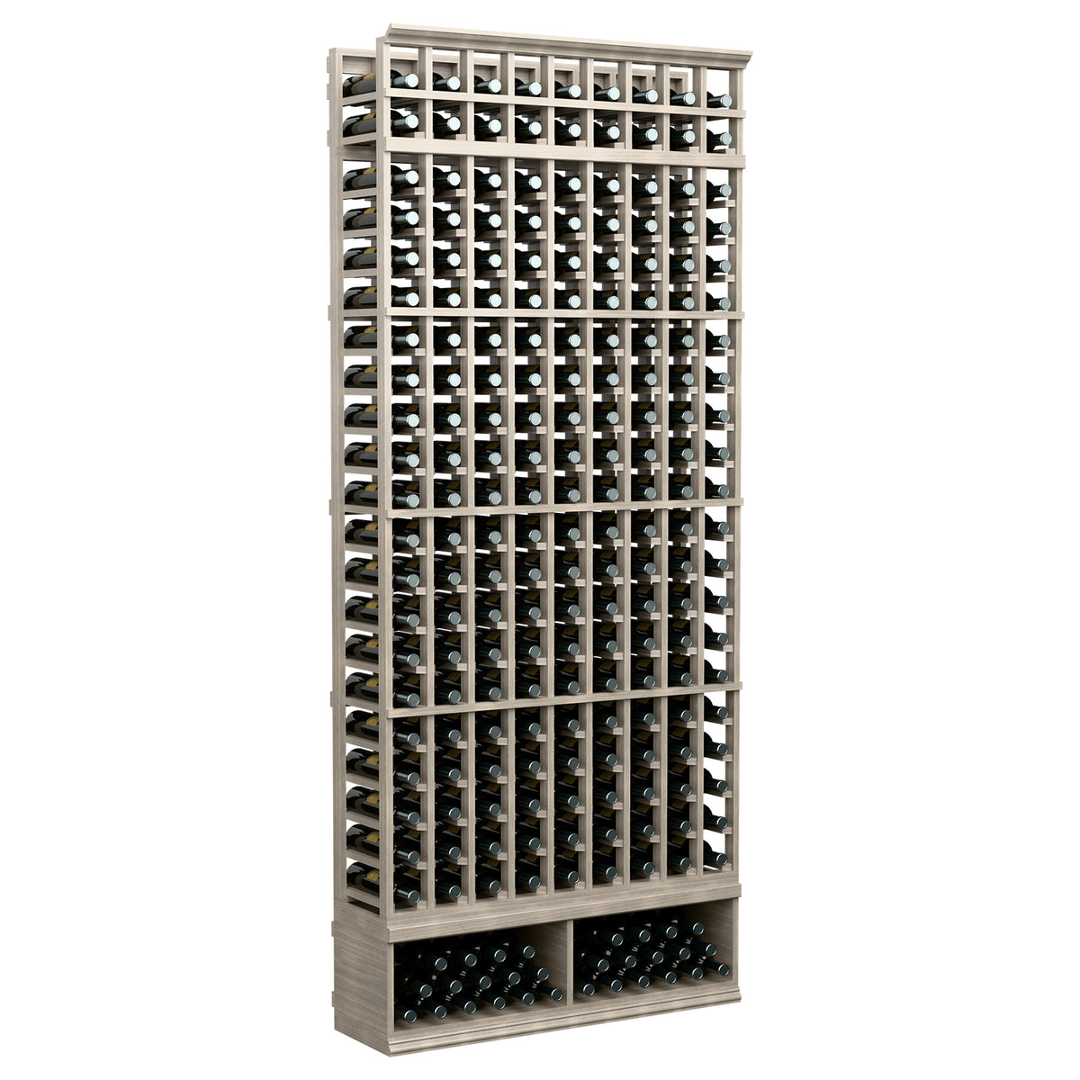 Wine bottle rack with 9 columns, light gray wood frame and bottle storage grid