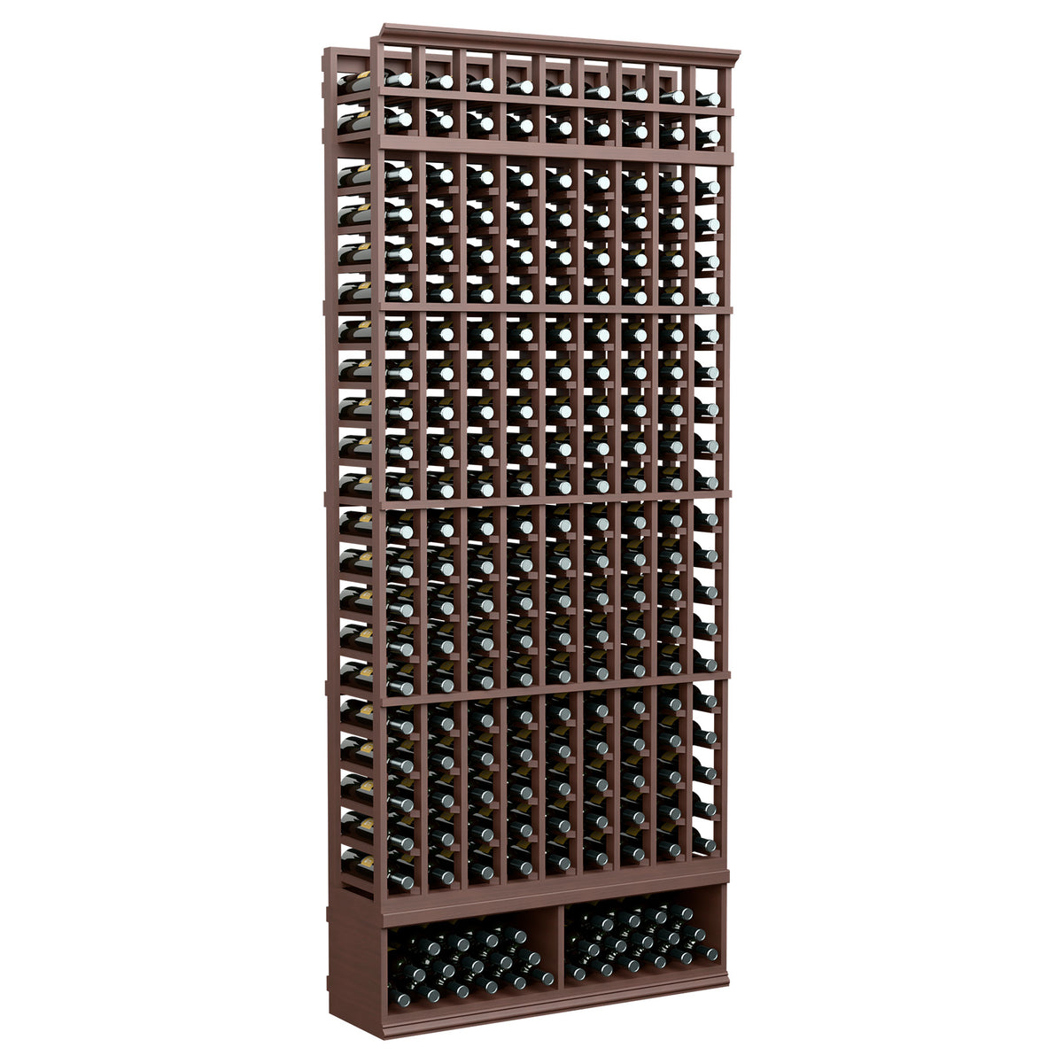 Wine bottle rack with 9 columns, dark brown frame and front bottle openings