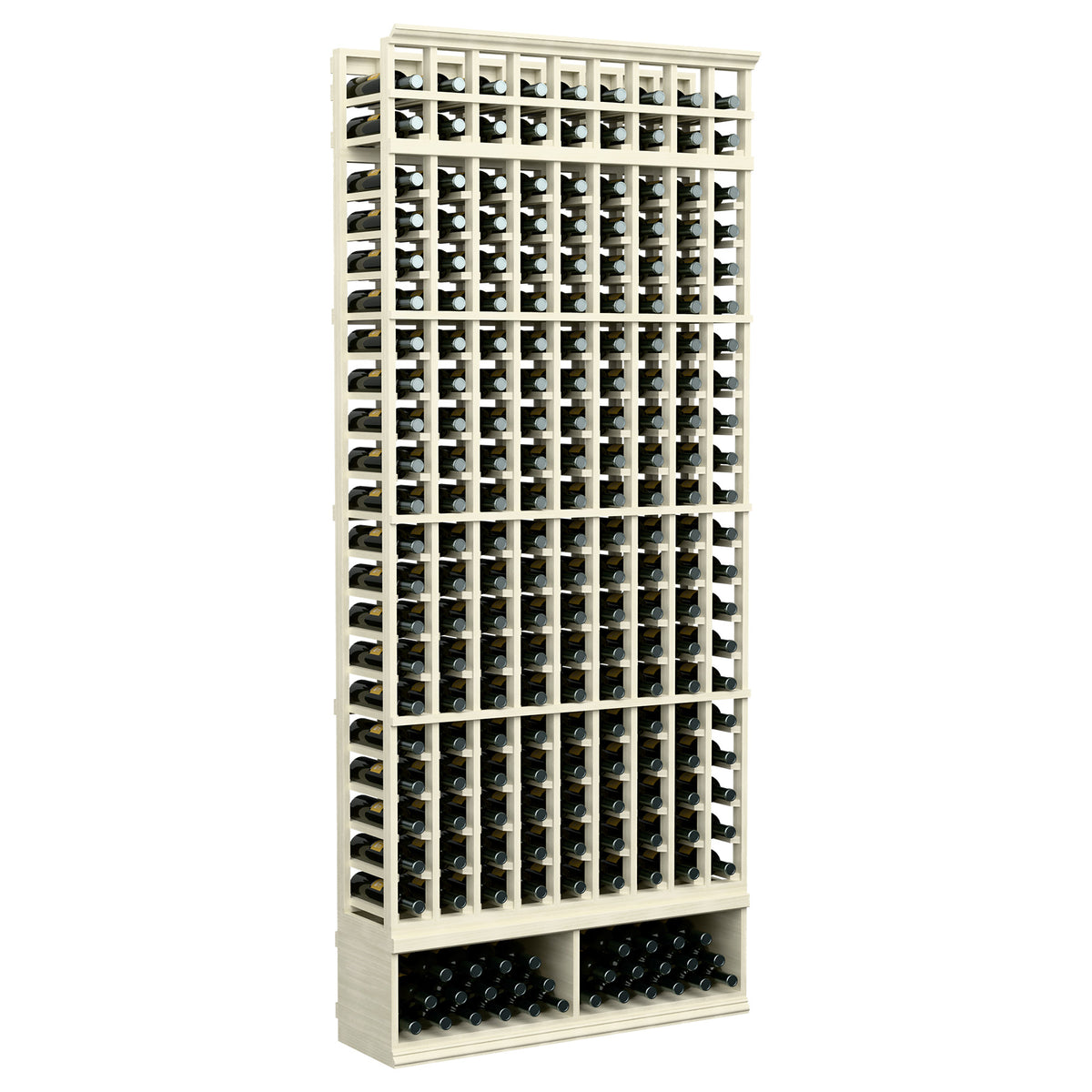 Wine bottle rack with 9 columns, pale whitewashed frame and front bottle openings